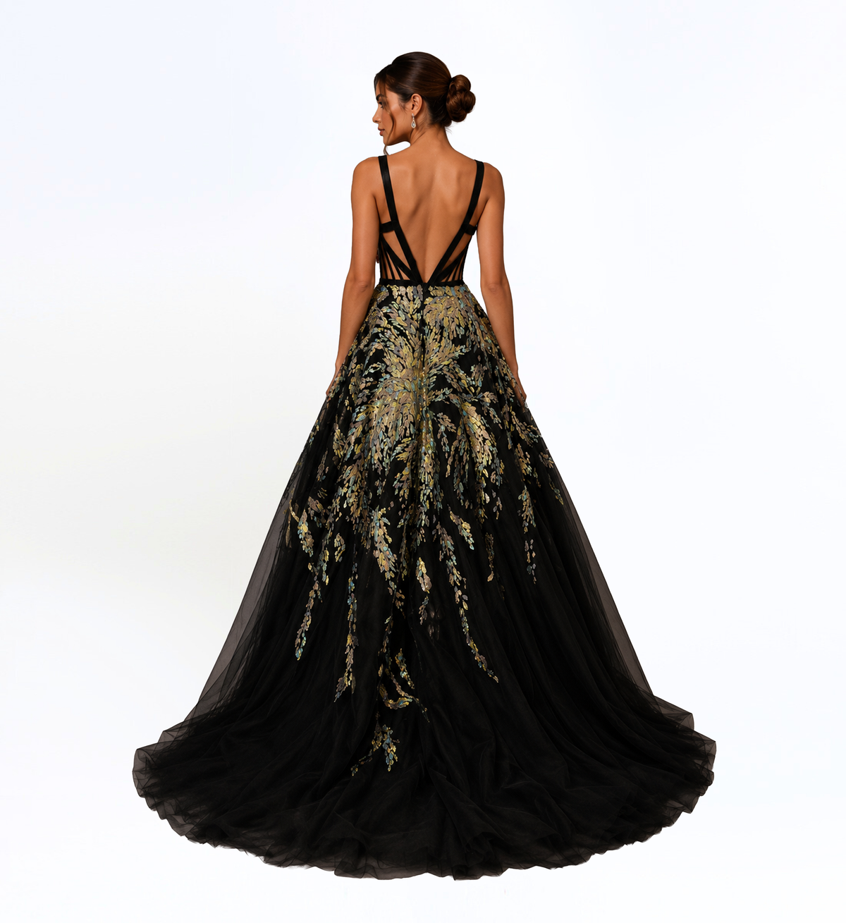 BLACK EMBELLISHED TULLE BALL GOWN