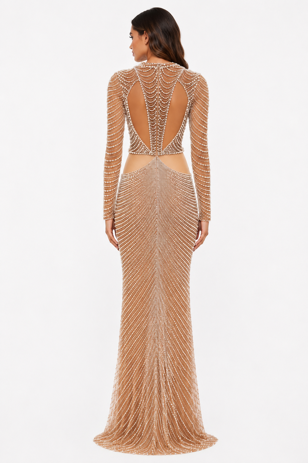 LONG SLEEVE PEARL BEADED GOWN