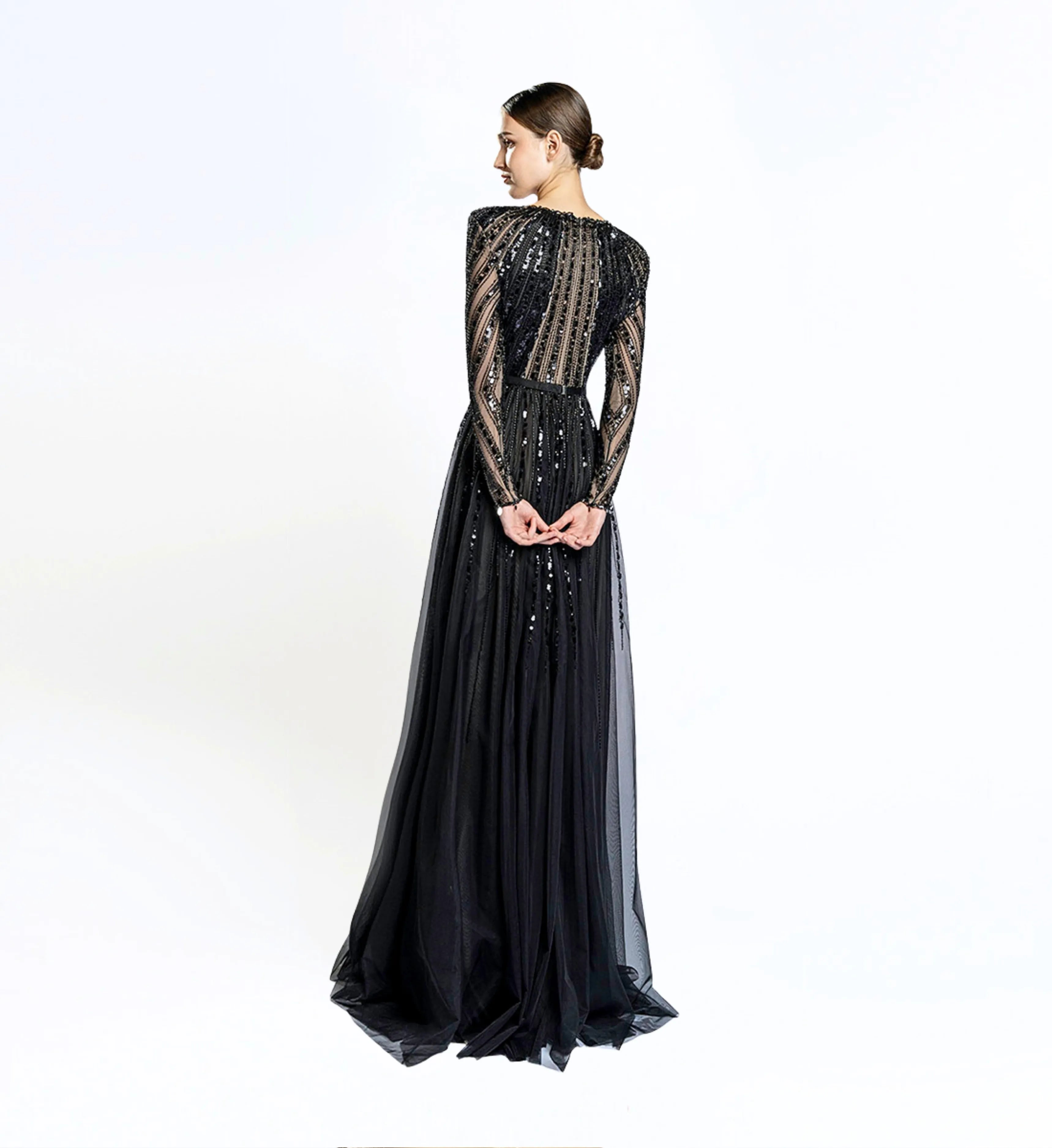 Beaded Longsleeves Dress – Black