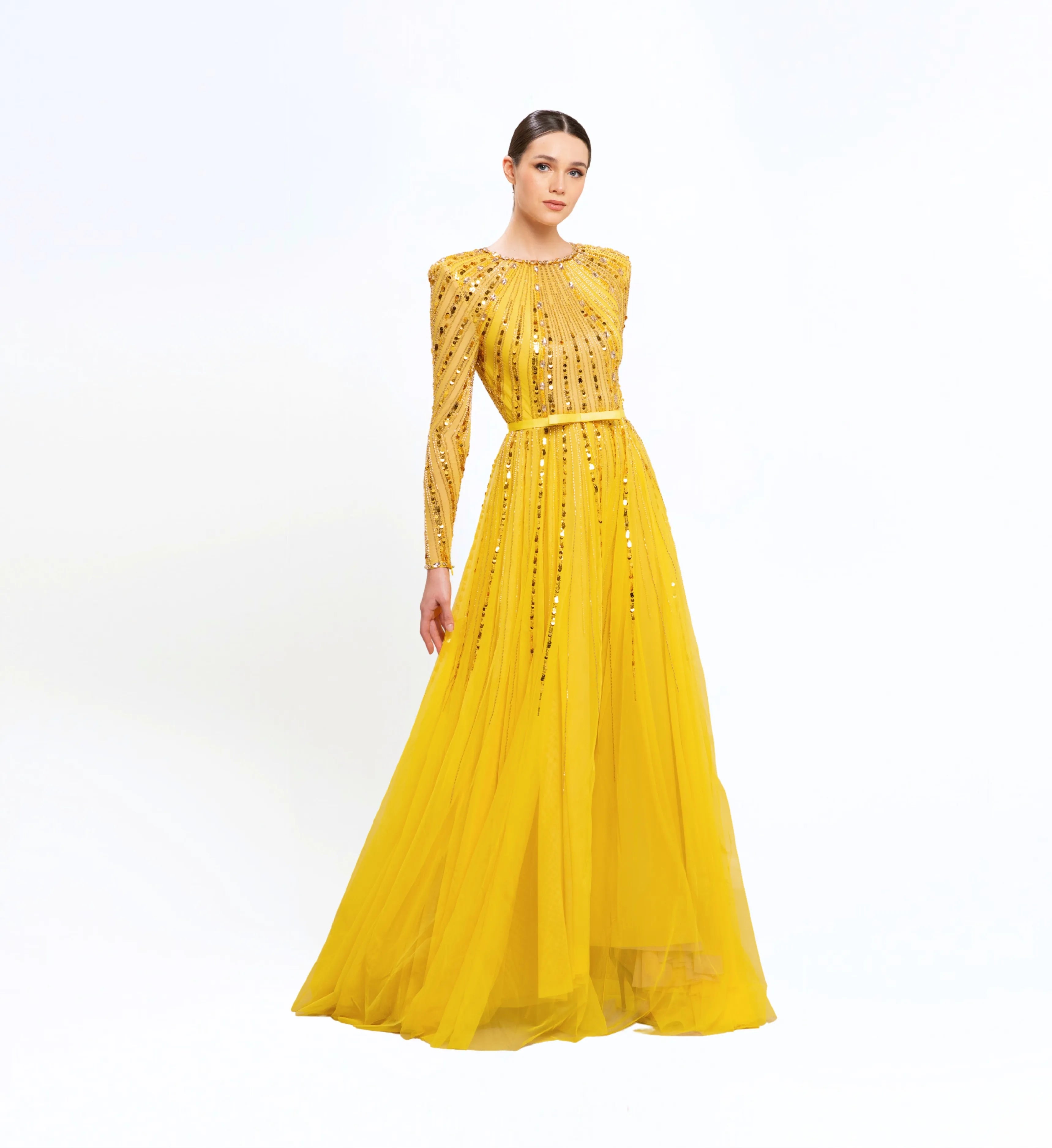 Beaded Longsleeves Dress – Gold