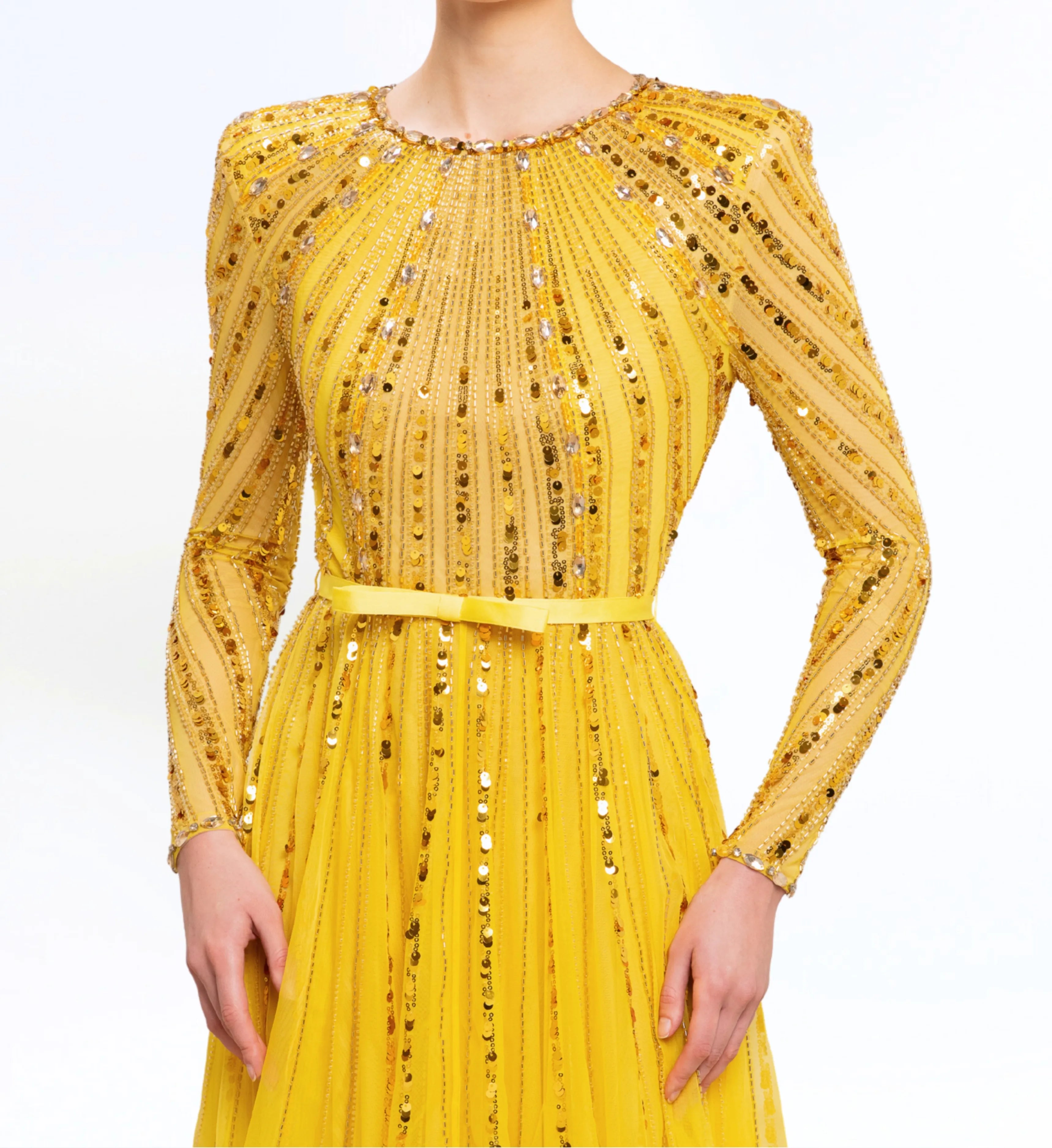 Beaded Longsleeves Dress – Gold