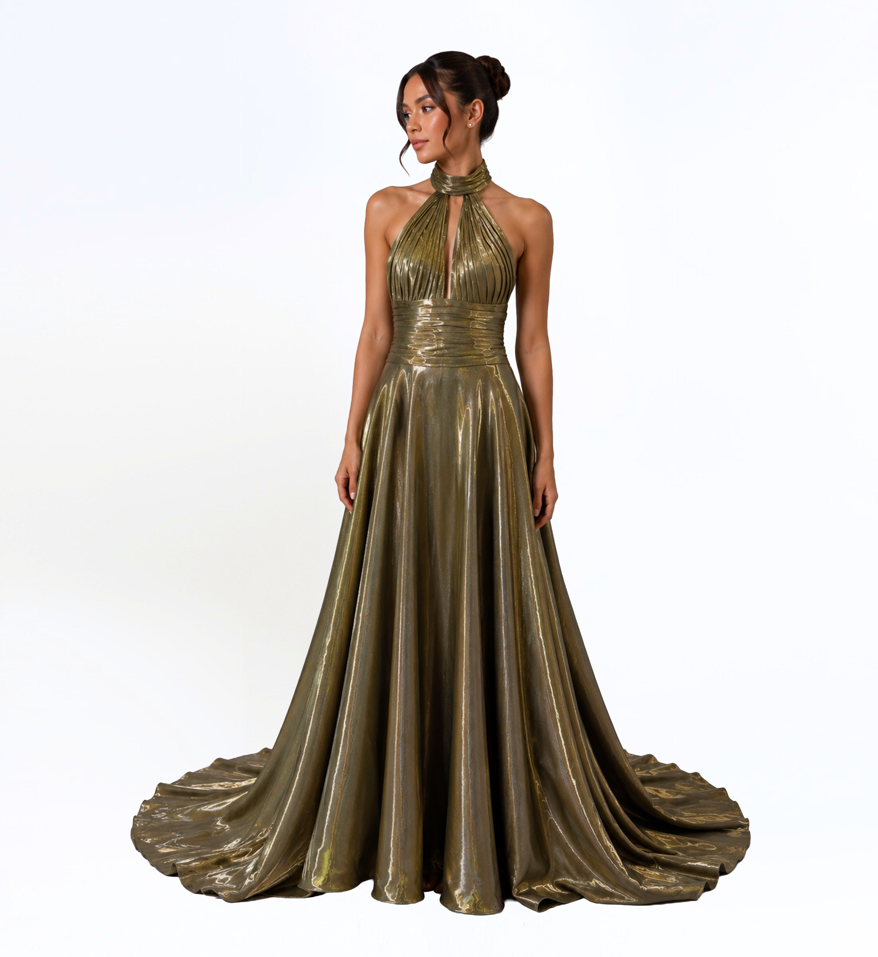 METALLIC HALTER BALL GOWN