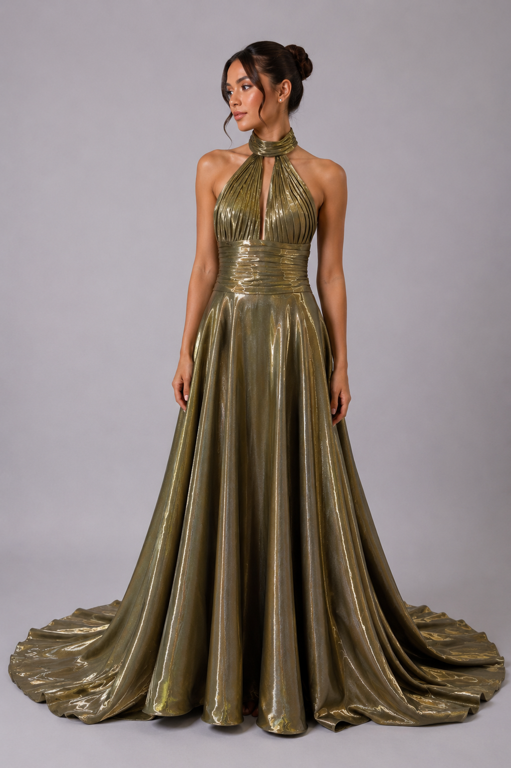 METALLIC HALTER BALL GOWN