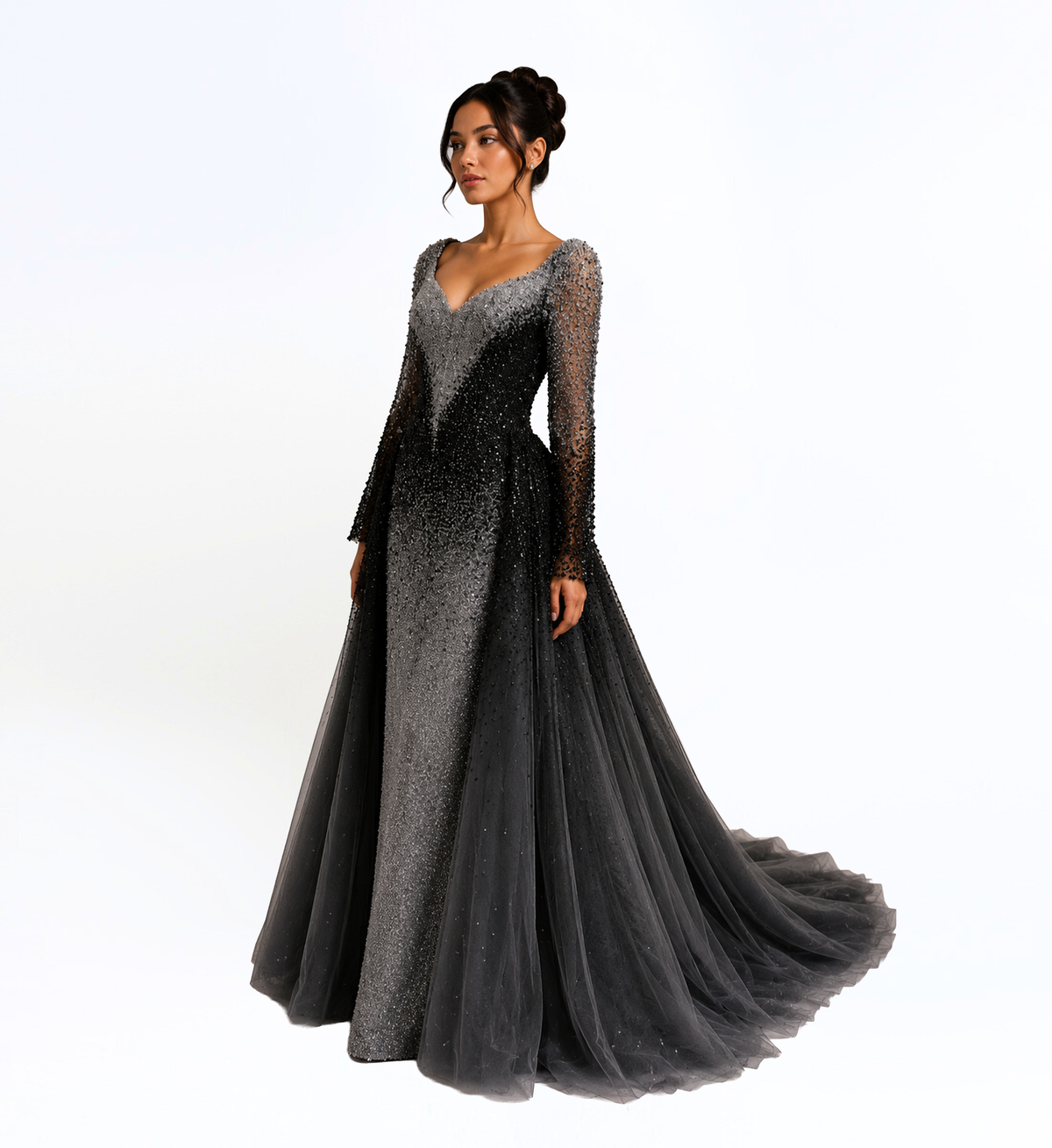 OMBRE EMBELLISHED GOWN WITH TULLE OVERSKIRT