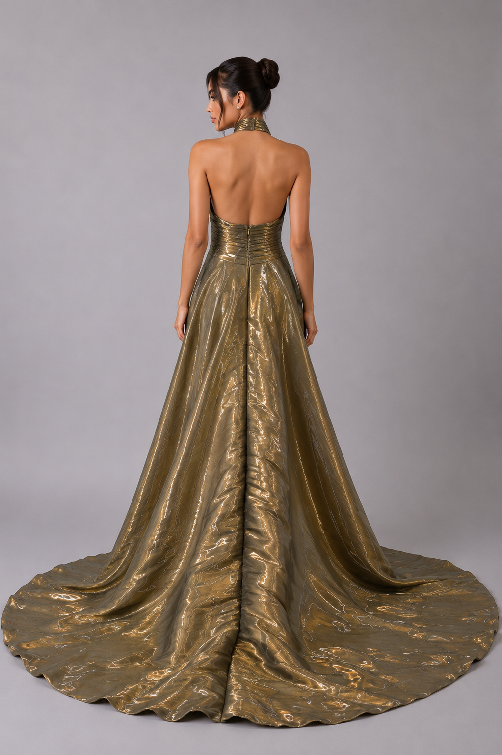 METALLIC HALTER BALL GOWN