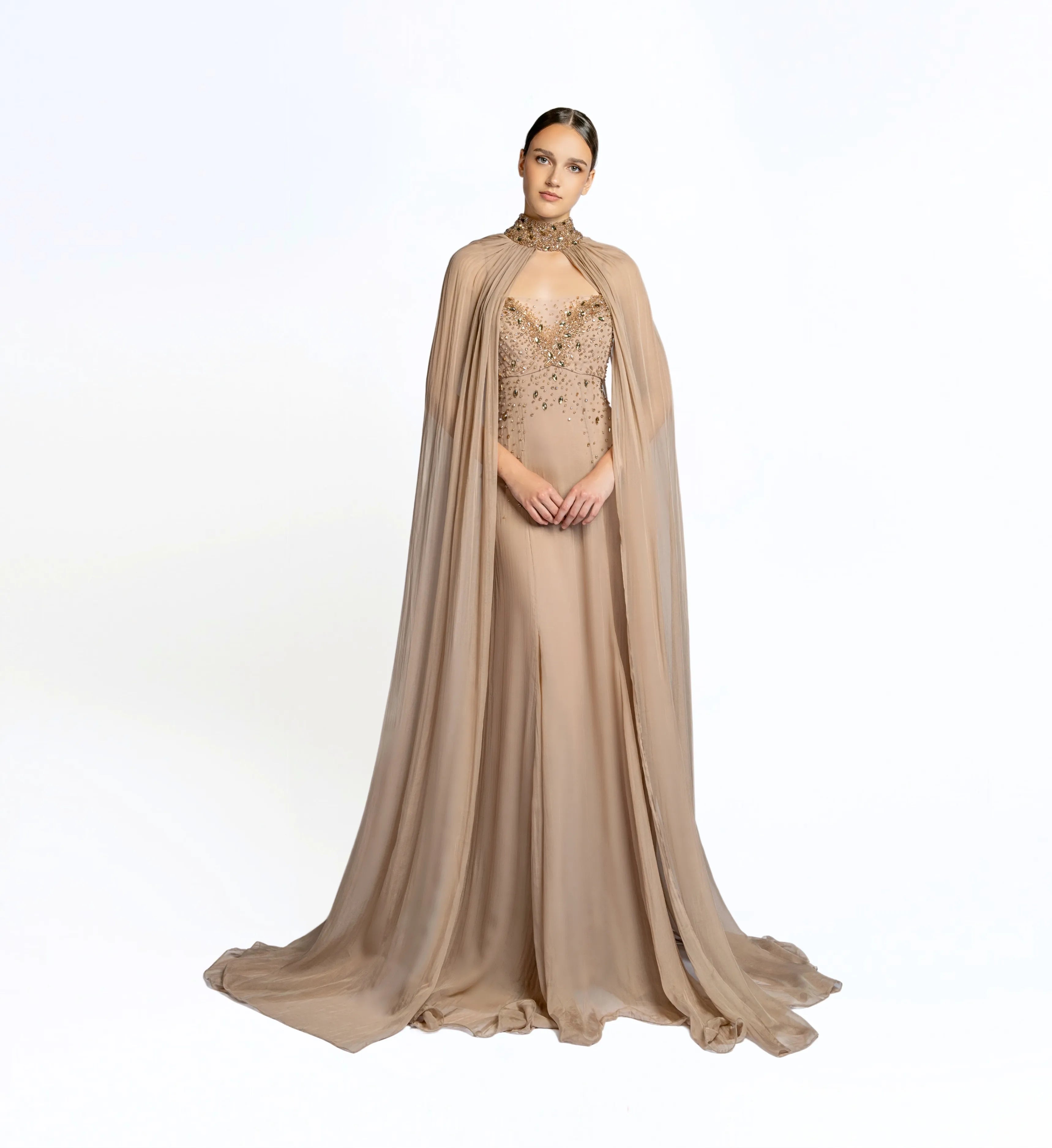 Embroidered Gored Dress – Light Taupe