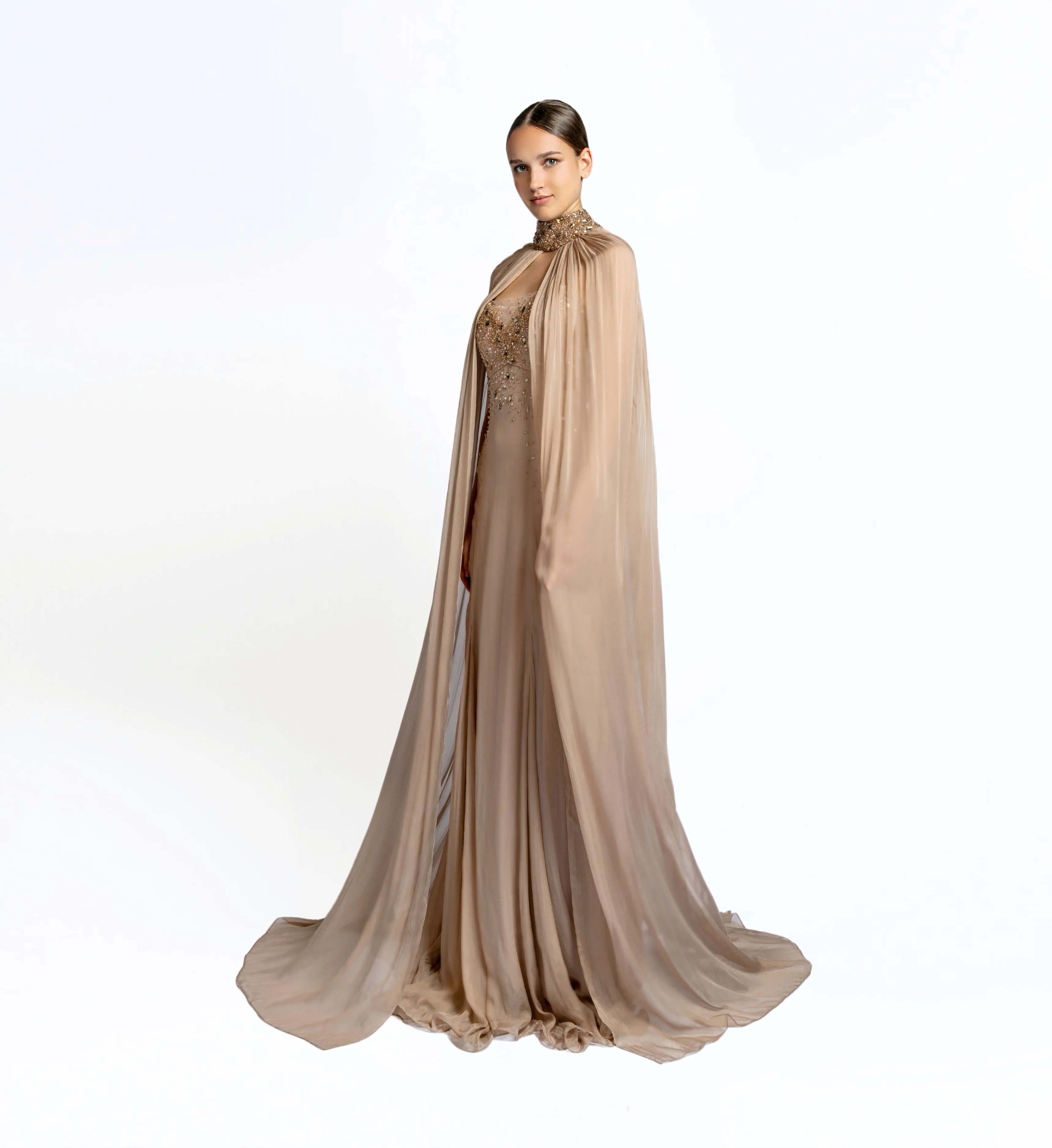 Embroidered Gored Dress – Light Taupe