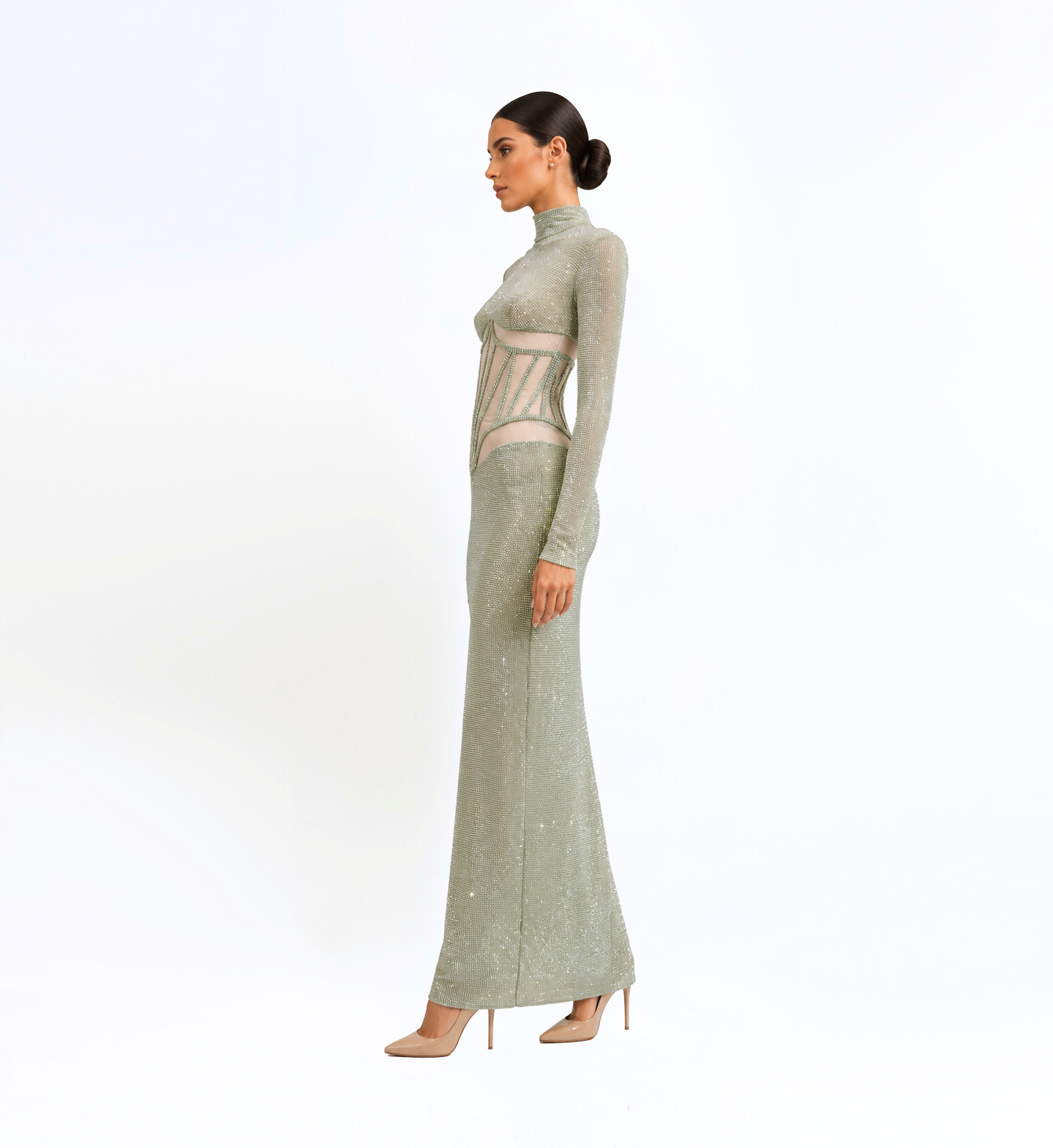 Beaded Tulle Corset Long Dress