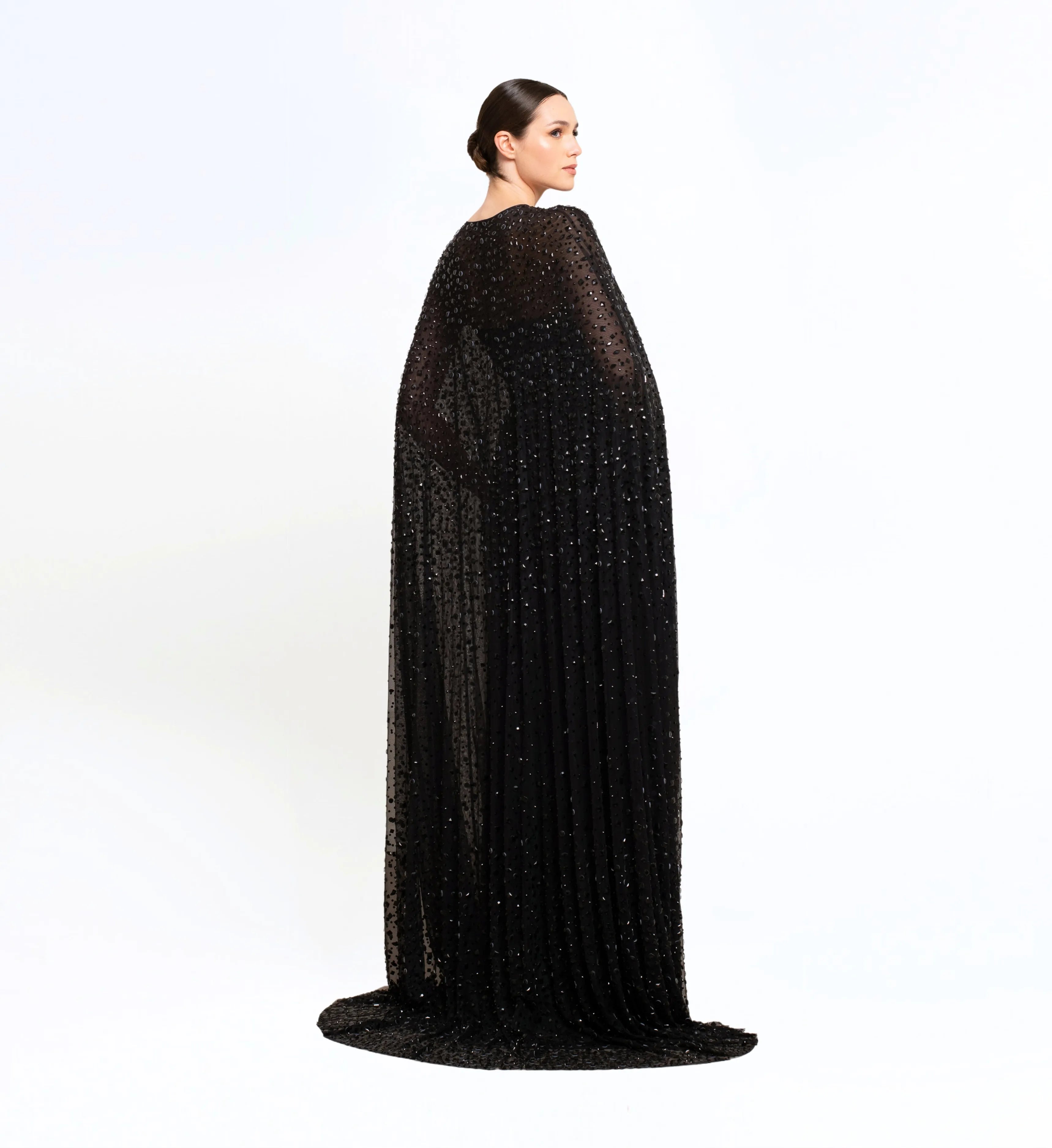 BEAD EMBROIDERED LONG DRESS WITH CAPE