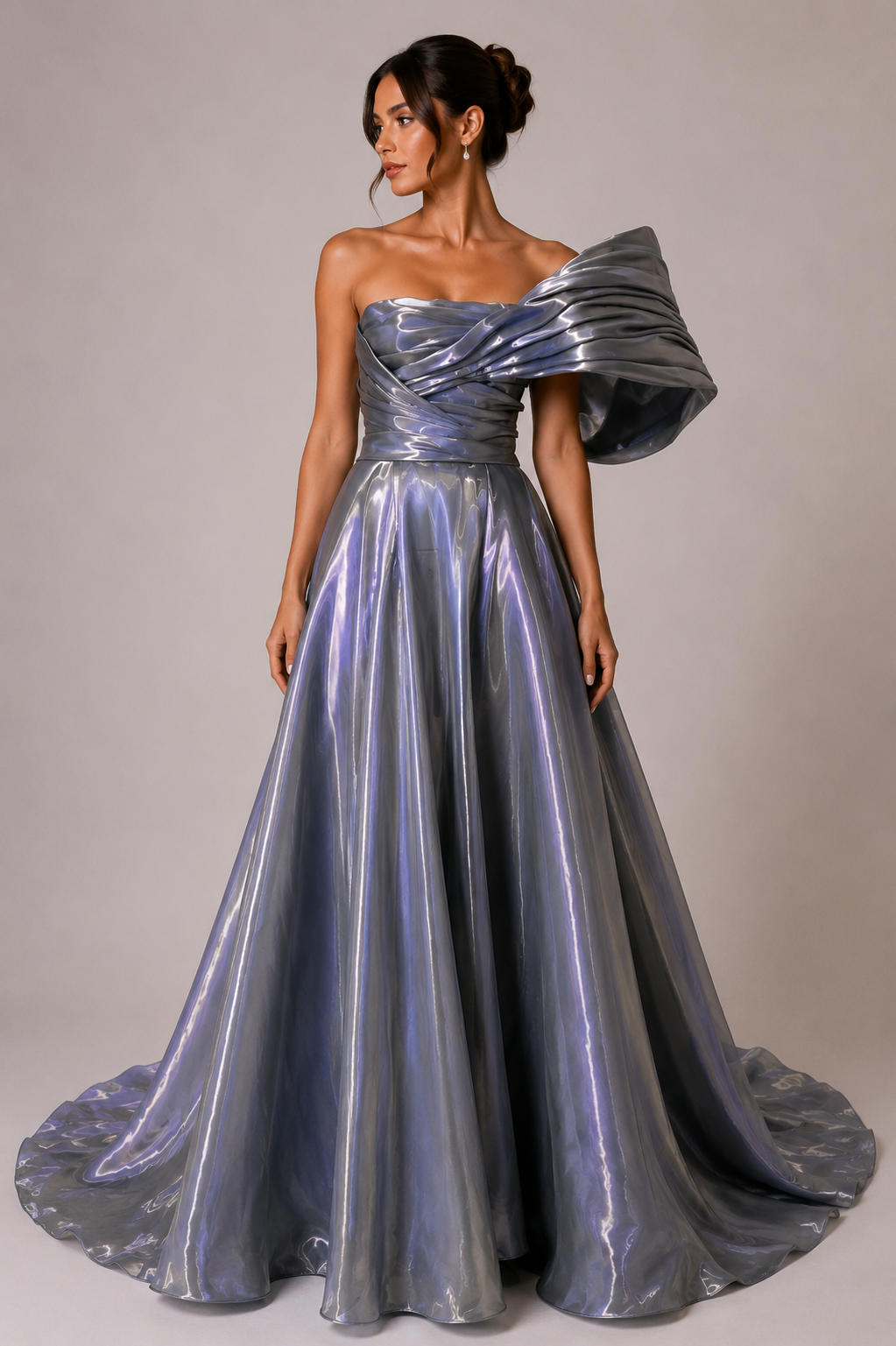 IRIDESCENT SILVER ONE-SHOULDER BALL GOWN