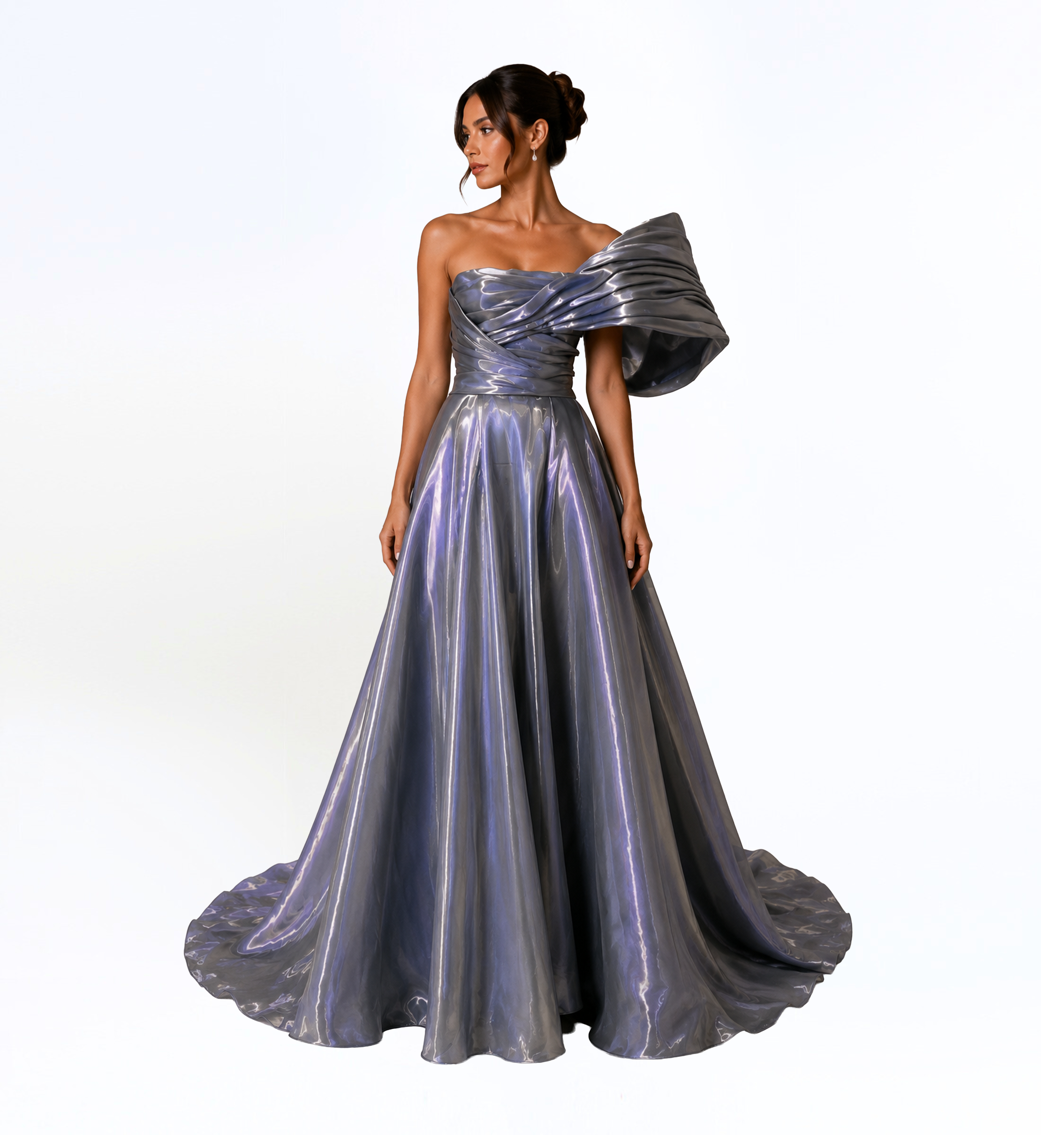 IRIDESCENT SILVER ONE SHOULDER BALL GOWN