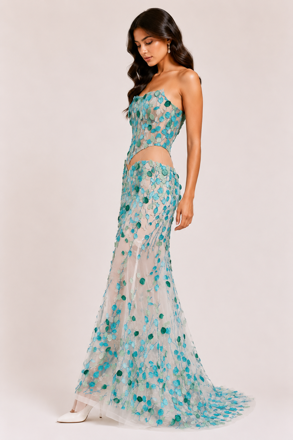 3D Thread Embroidered Long Dress