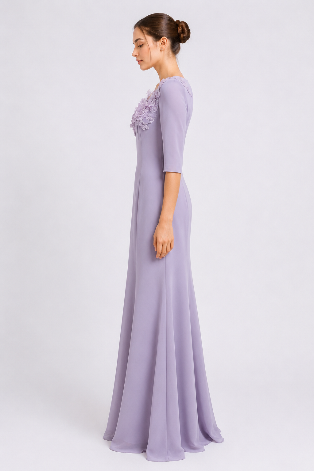 Crepe Embroidered Applique Long Dress