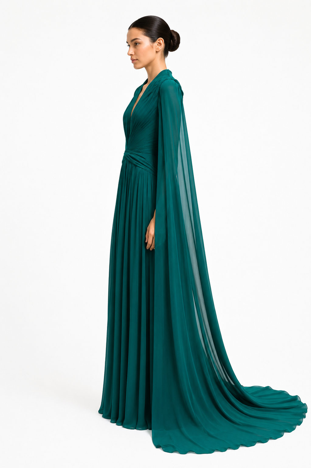 Silk Chiffon Long Dress With Cape