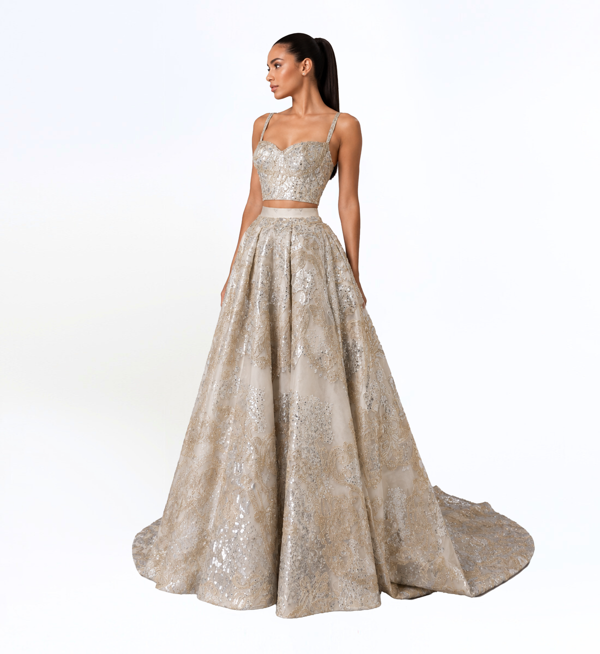 EMBELLISHED CROP TOP BALL SKIRT SET