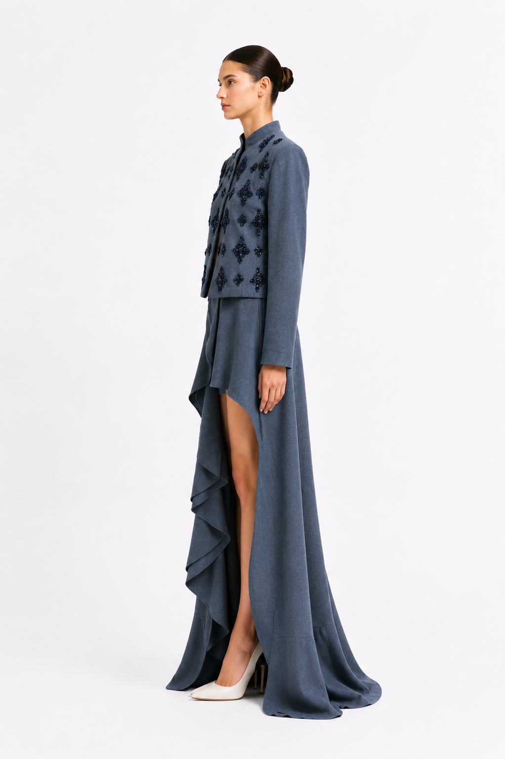 Beaed Wool Blazer And Skirt Set