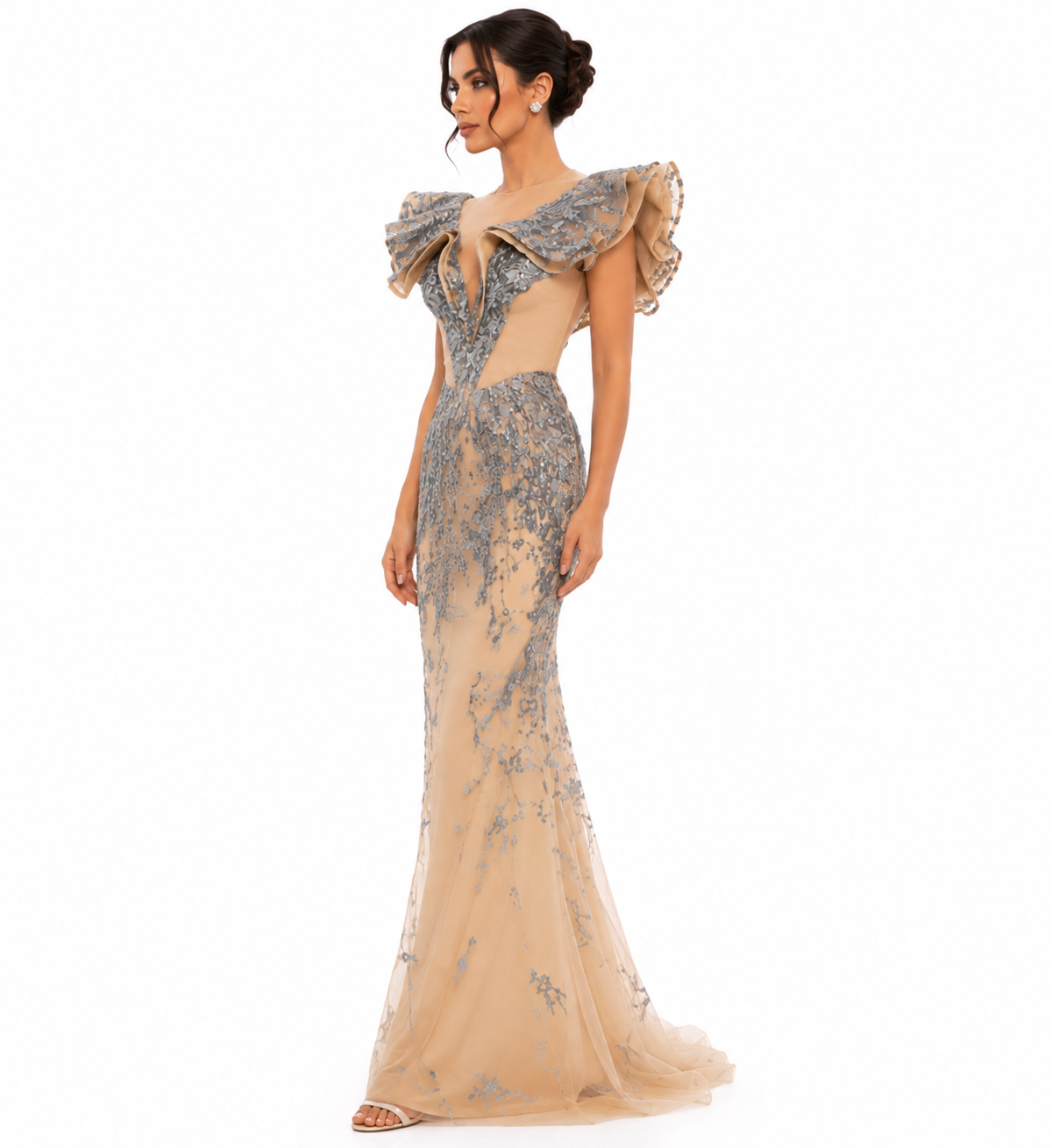 RUFFLE EMBROIDERED GOWN