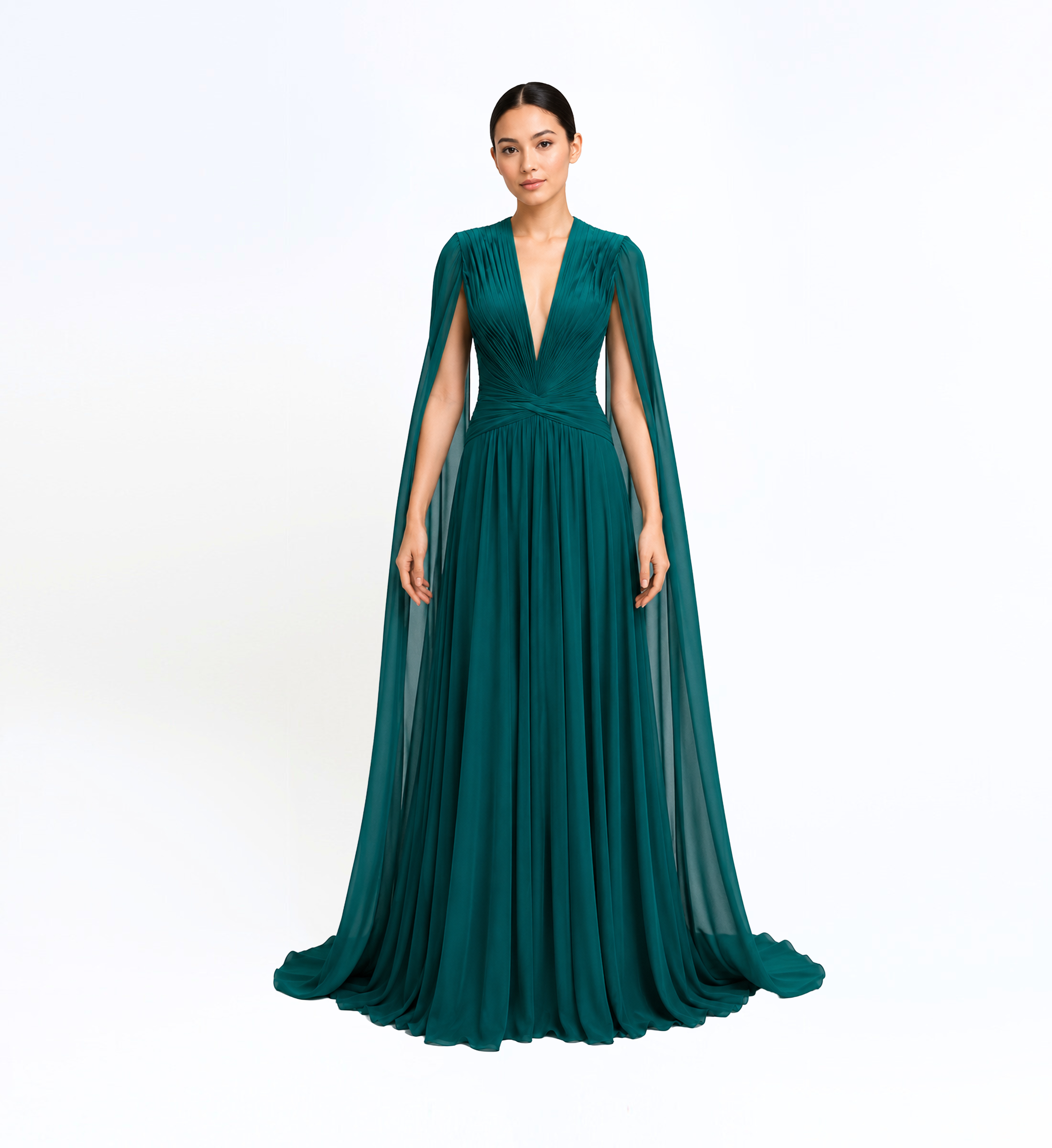 Silk Chiffon Long Dress With Cape