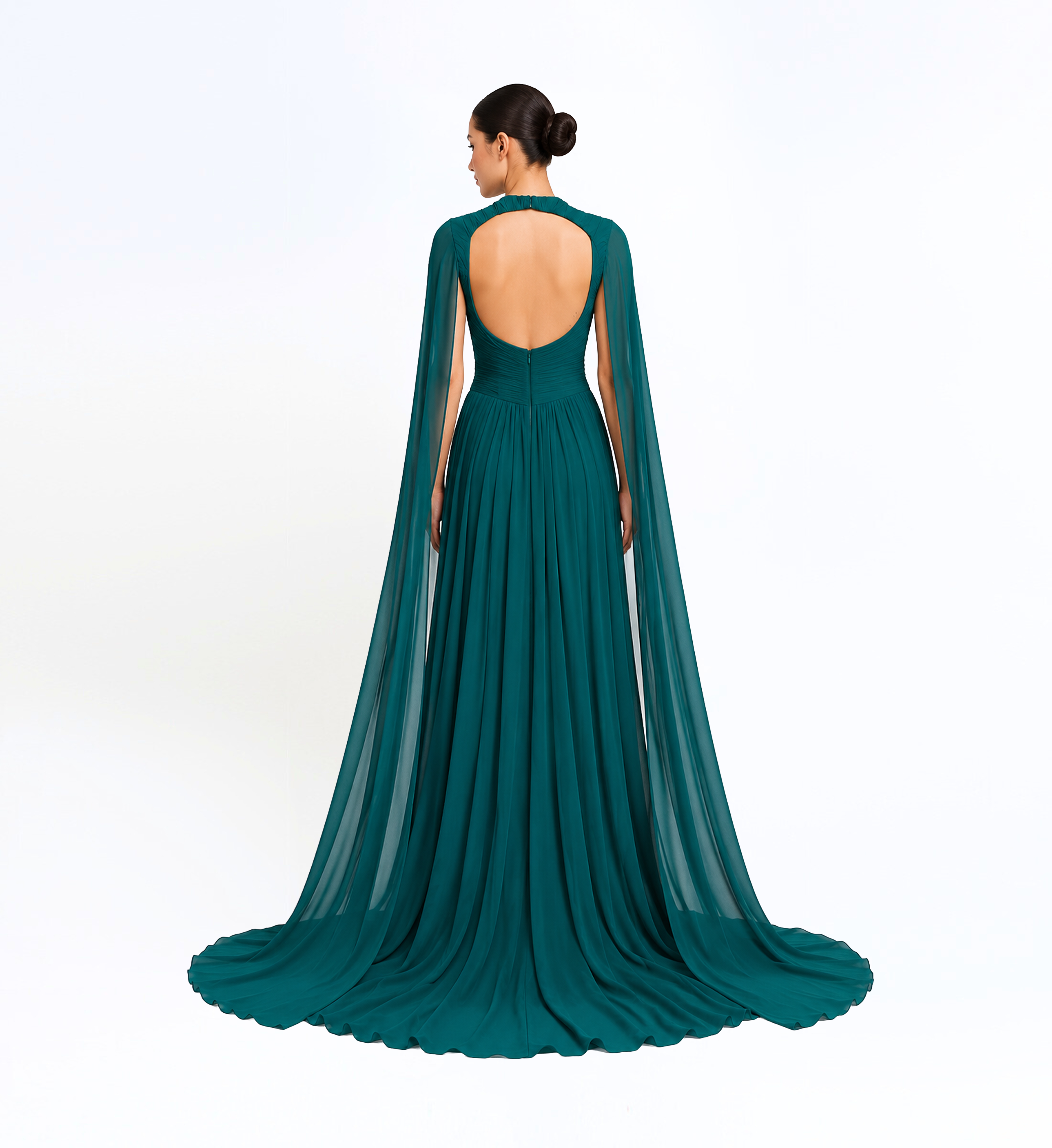 Silk Chiffon Long Dress With Cape