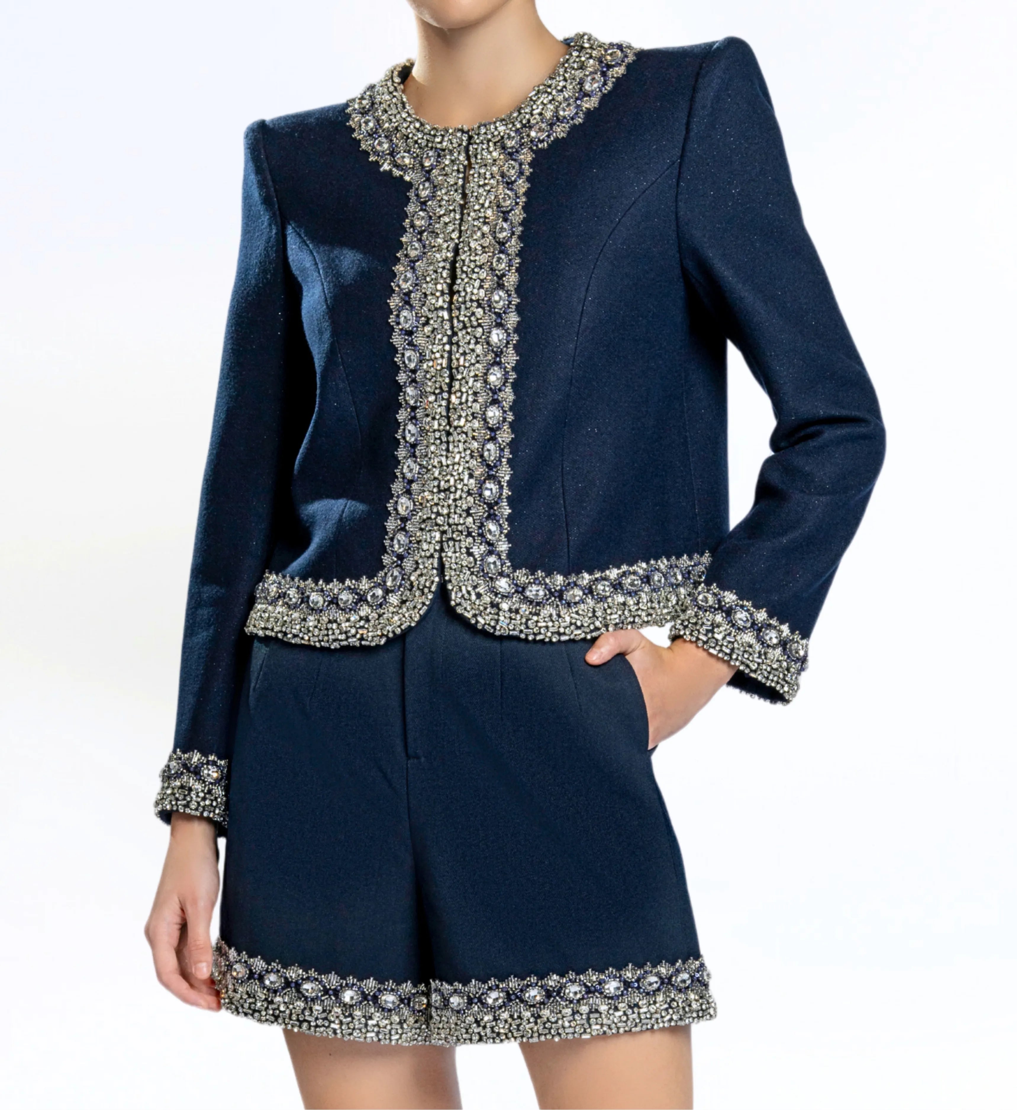 Beaded Wool Jacket, Short and Skirt – Navy Blue