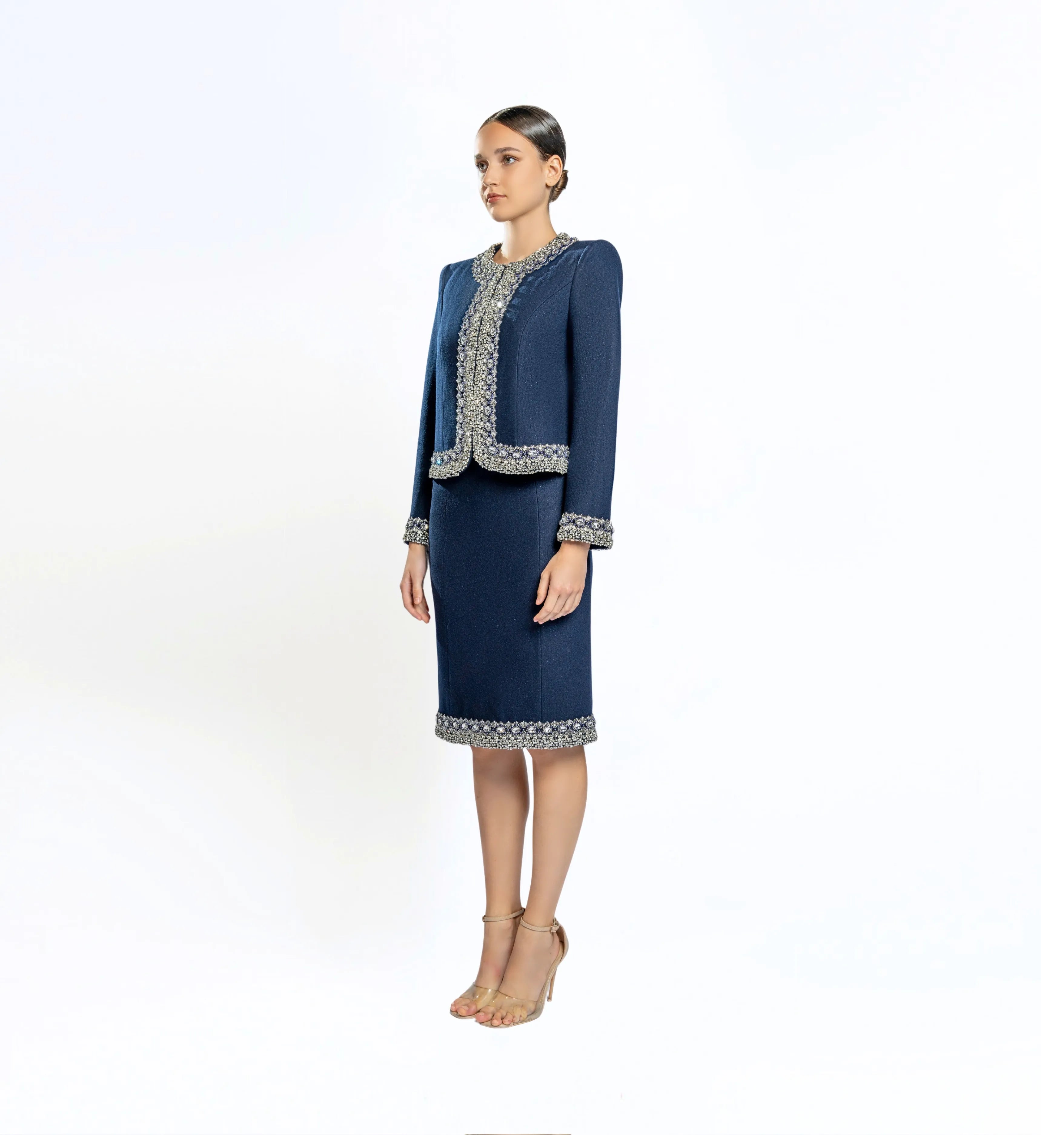 Beaded Wool Jacket, Short and Skirt – Navy Blue