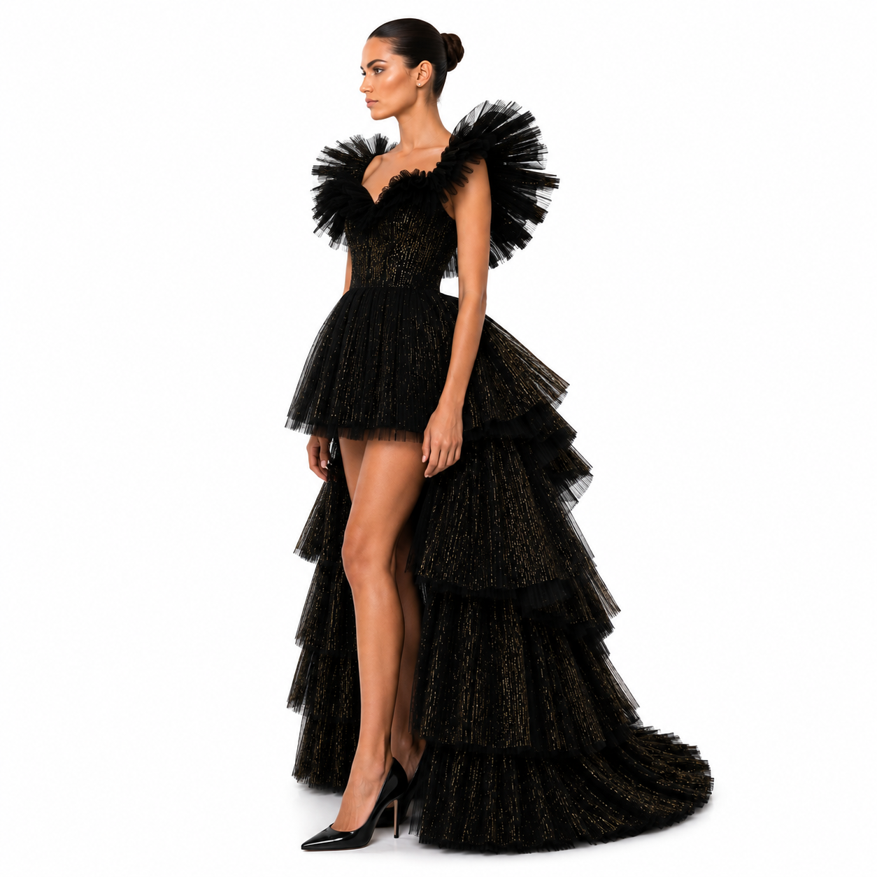 PLISSE RUFFLE HIGH-LOW MINI DRESS