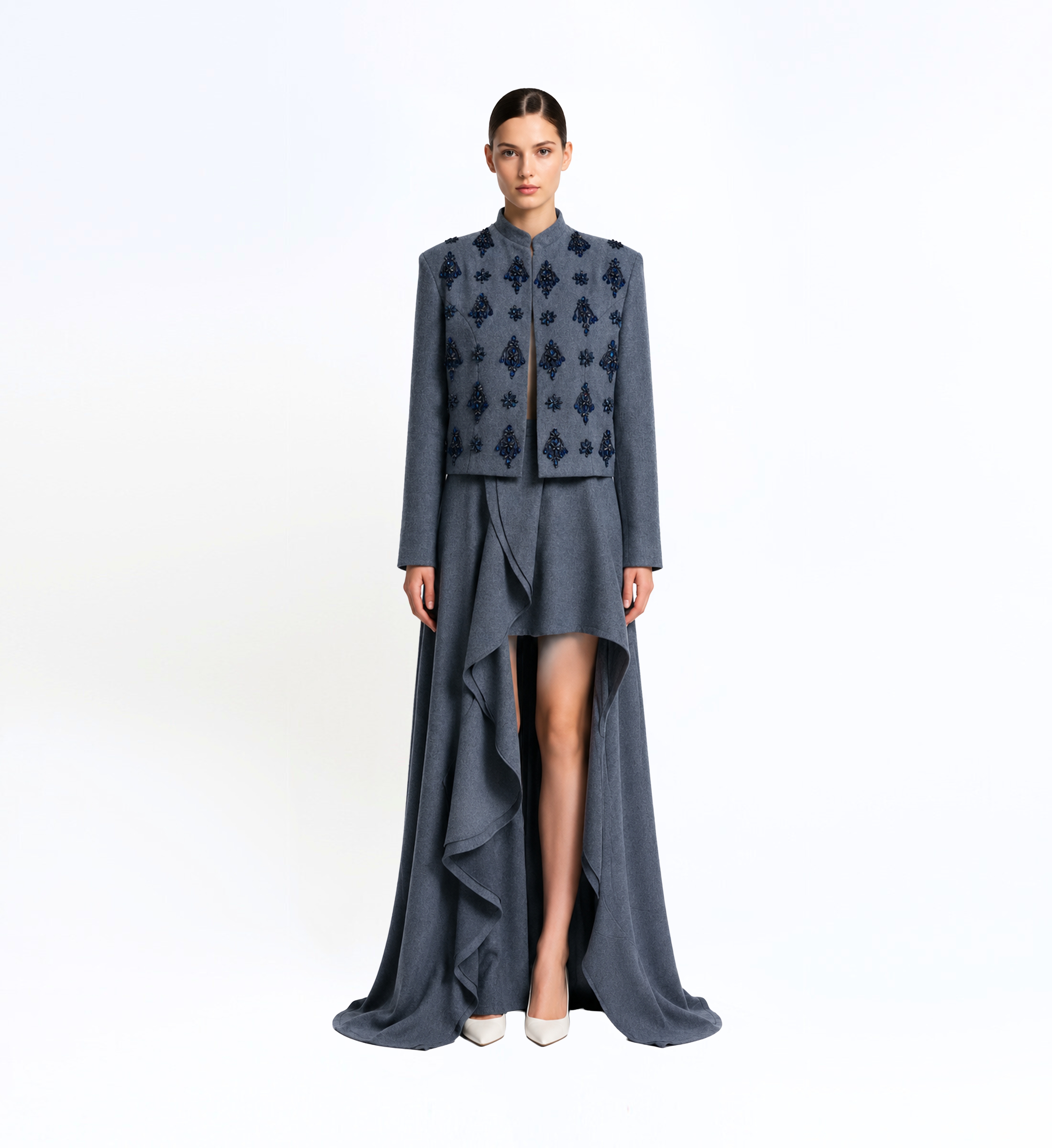 Beaded Wool Blazer And Skirt Set
