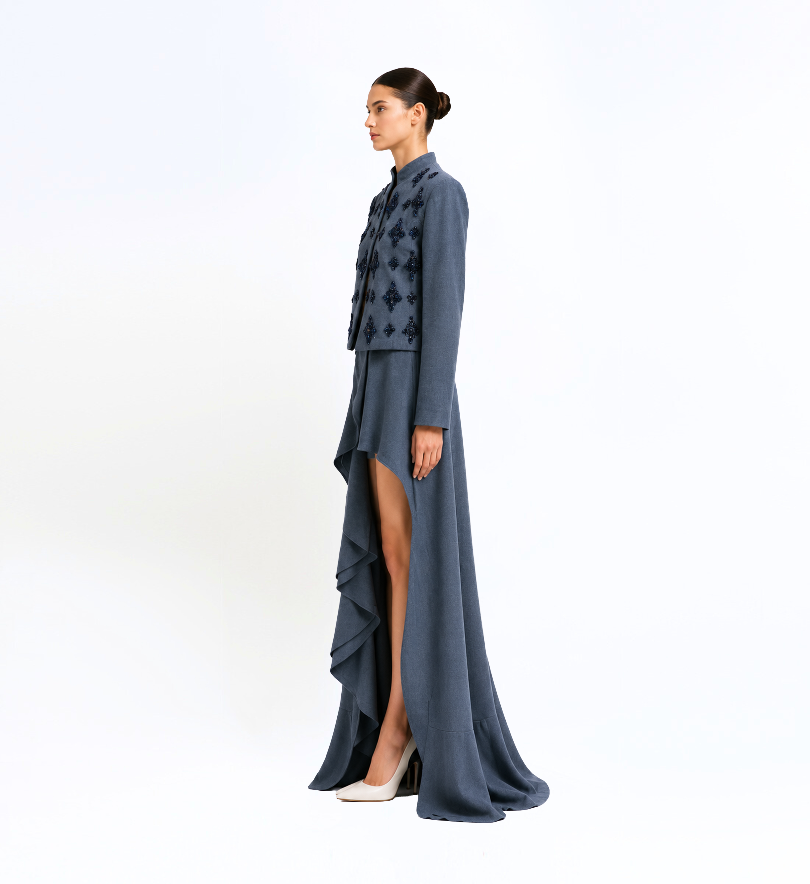 Beaded Wool Blazer And Skirt Set