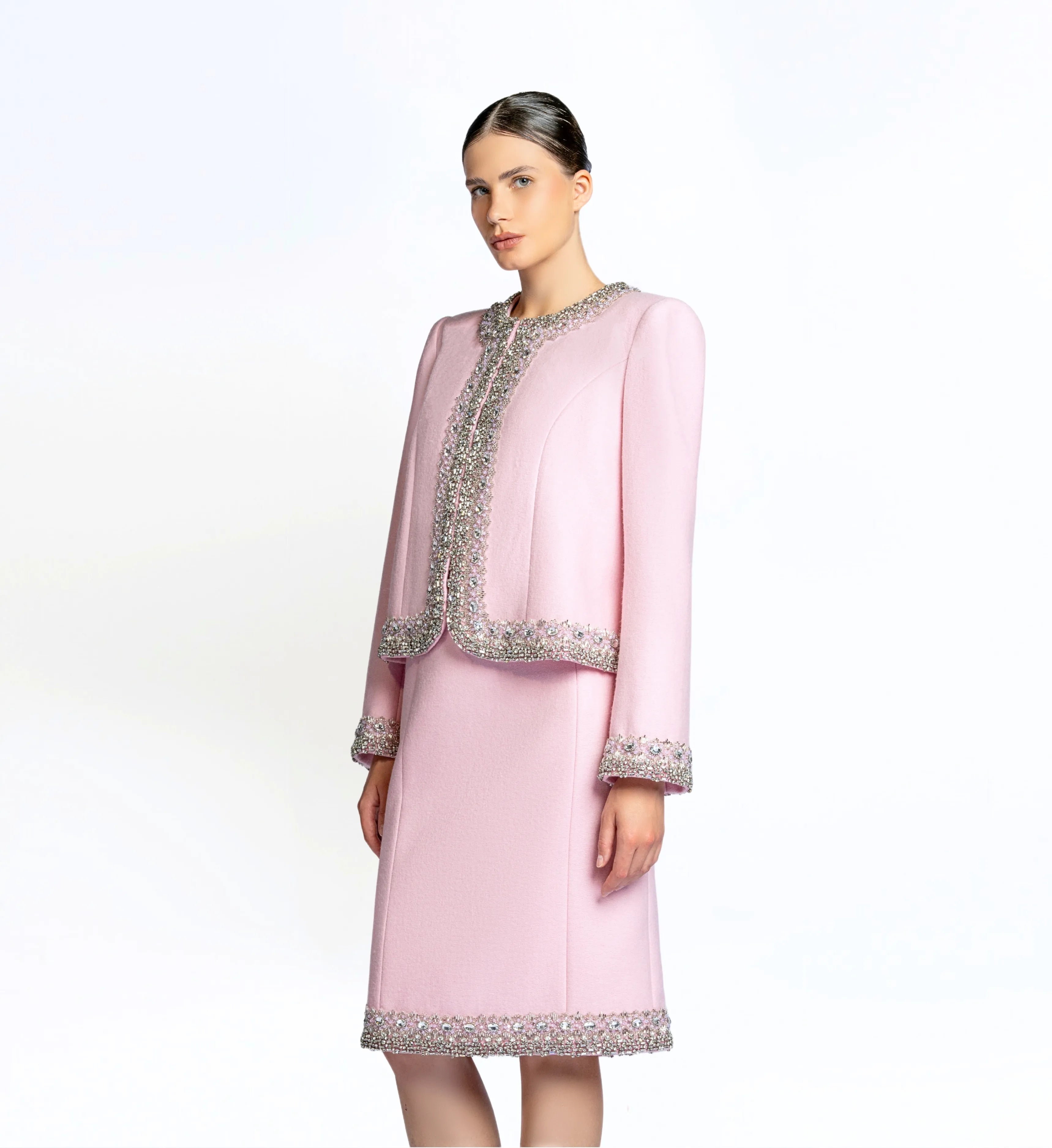 Beaded Wool Jacket, Short and Skirt – Pink Marsh Mallow