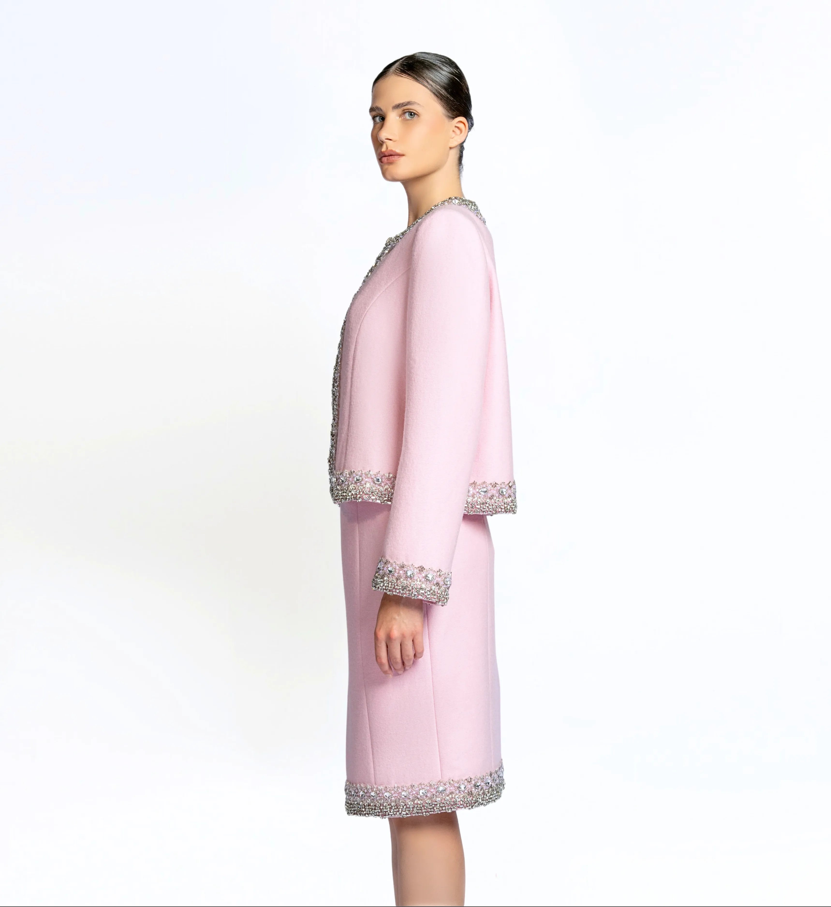 Beaded Wool Jacket, Short and Skirt – Pink Marsh Mallow