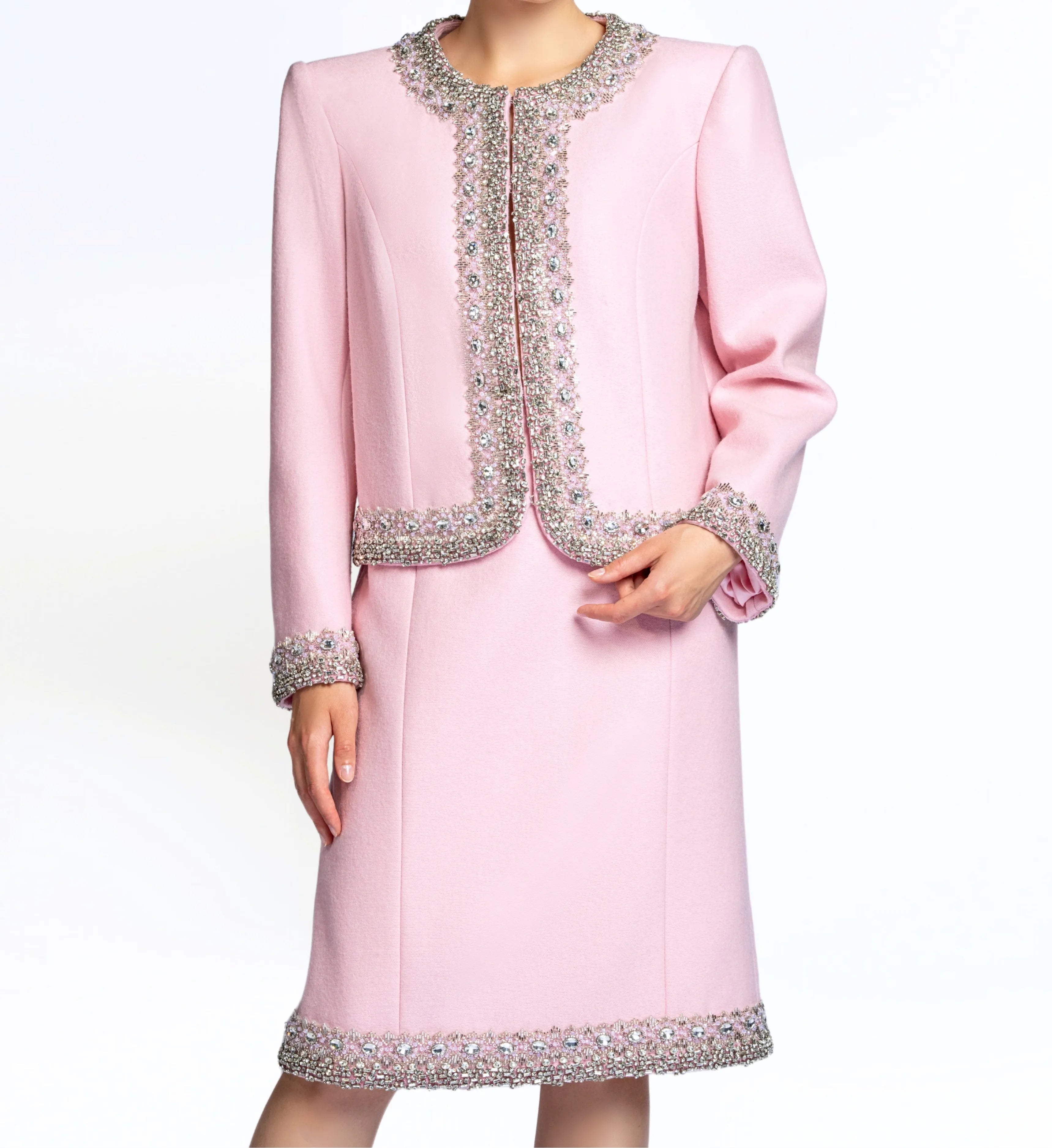 Beaded Wool Jacket, Short and Skirt – Pink Marsh Mallow
