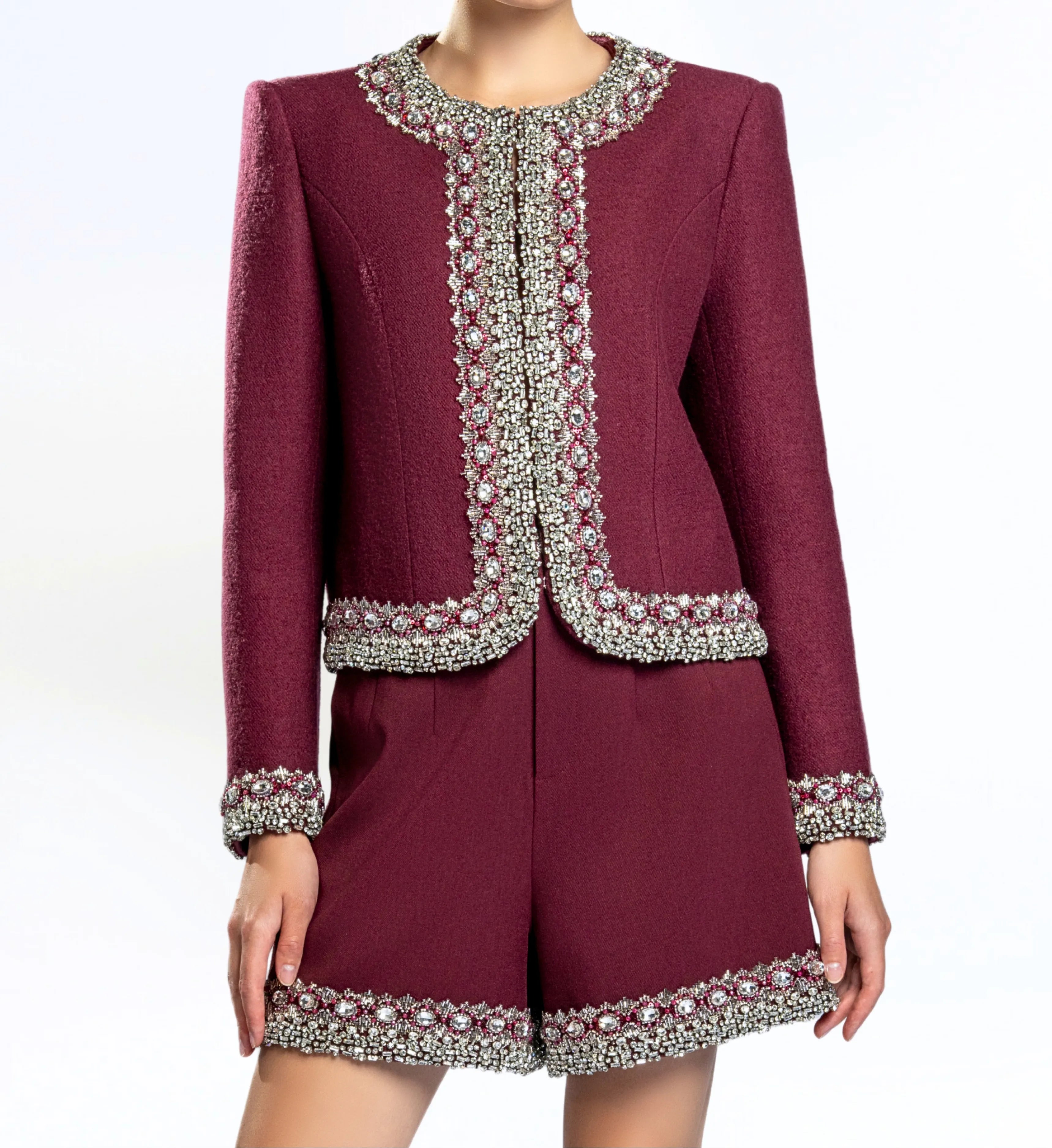 Beaded Wool Jacket, Short and Skirt – Red Rush
