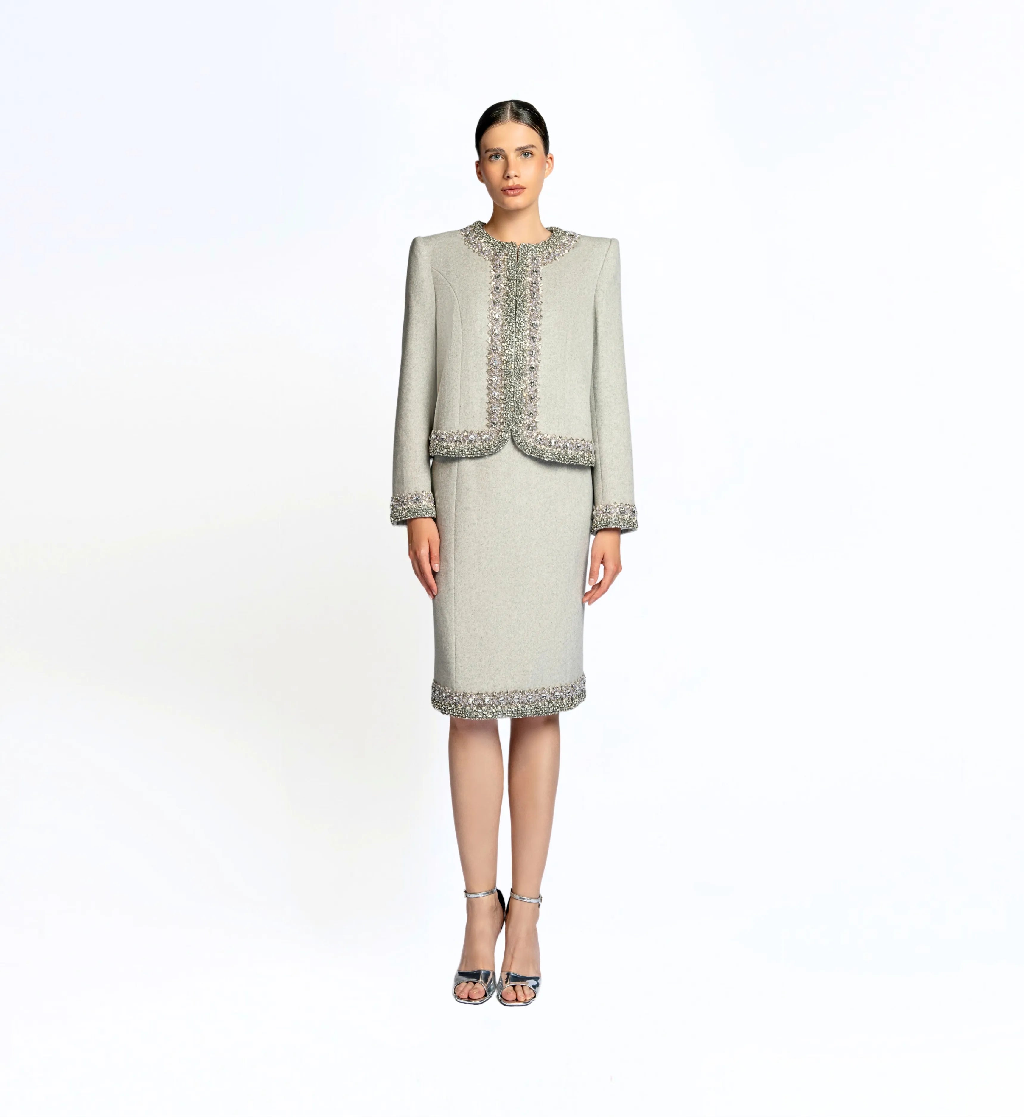 Beaded Wool Jacket, Short and Skirt – Ultimate Gray