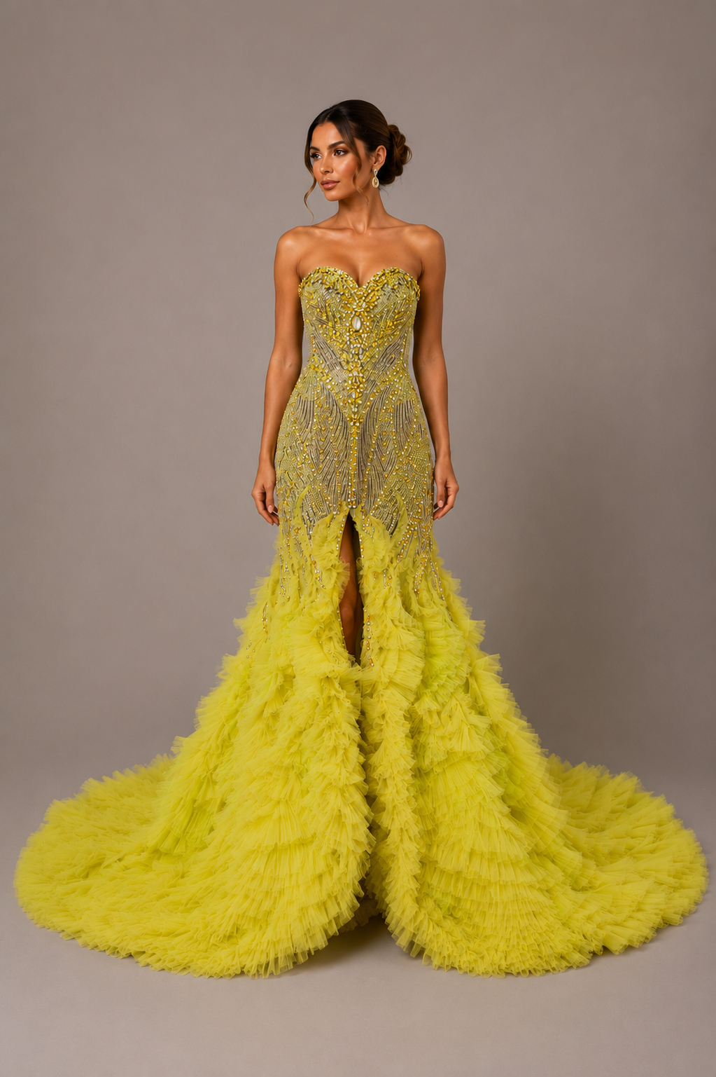 EMBELLISHED RUFFLE GOWN