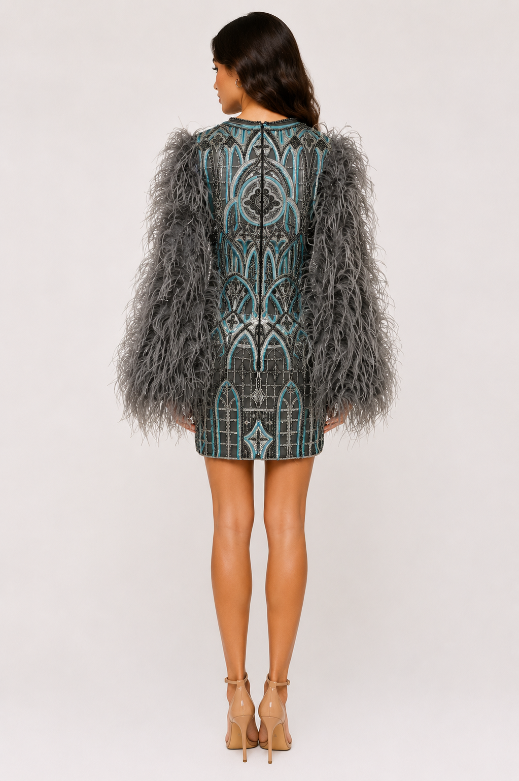 EMBELLISHED FEATHER LONGSLEEVES MINI DRESS