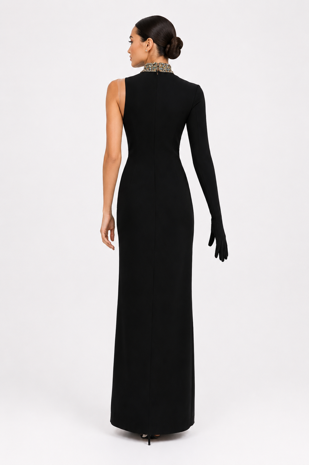 Crepe Beaded Tulle Assymetric Long Dress