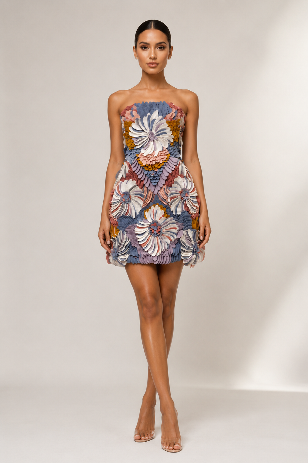 MULTICOLOR FLORAL APPLIQUÉ MINI DRESS