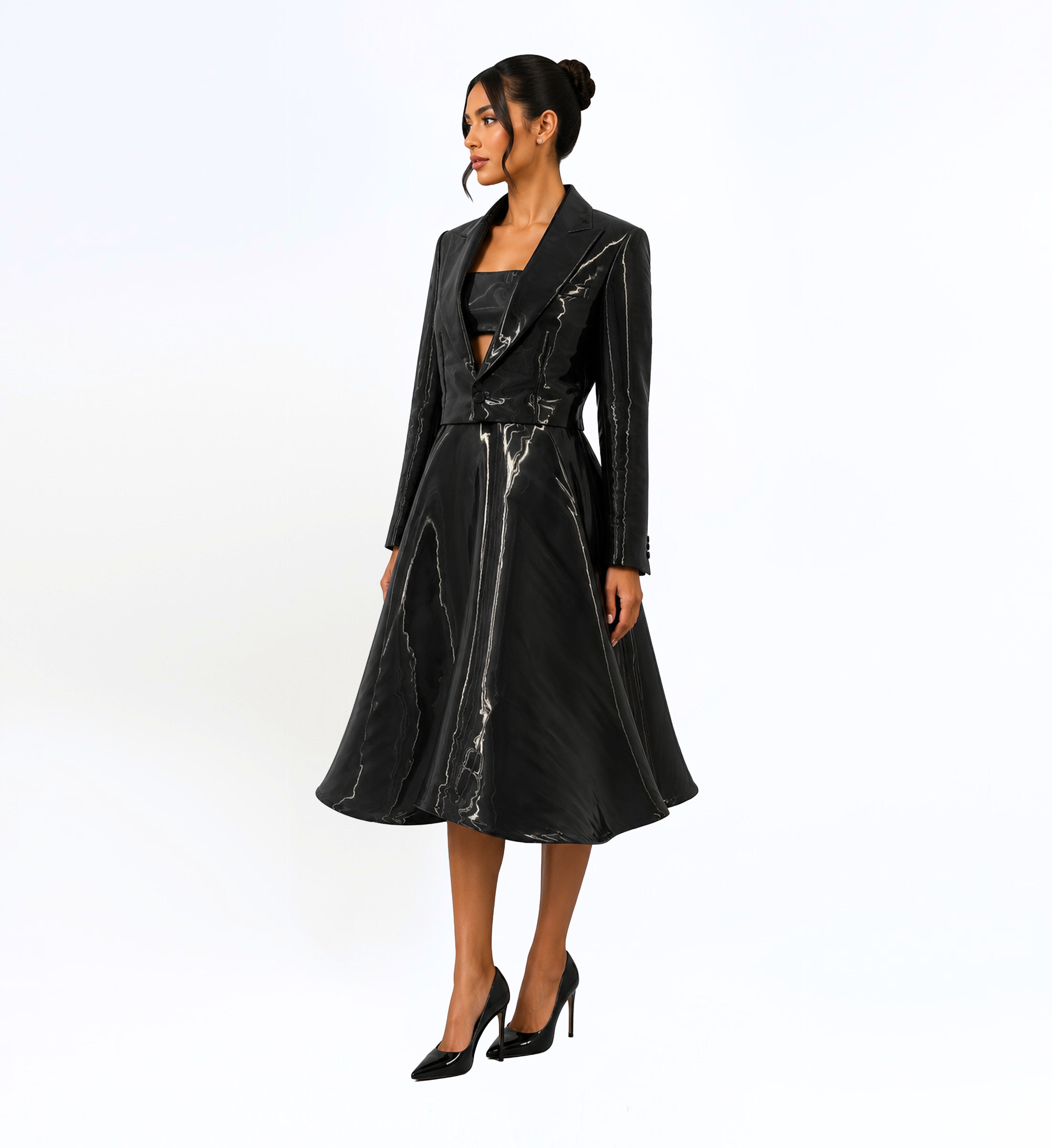 BLACK IRIDESCENT TAILORED MIDI DRESS