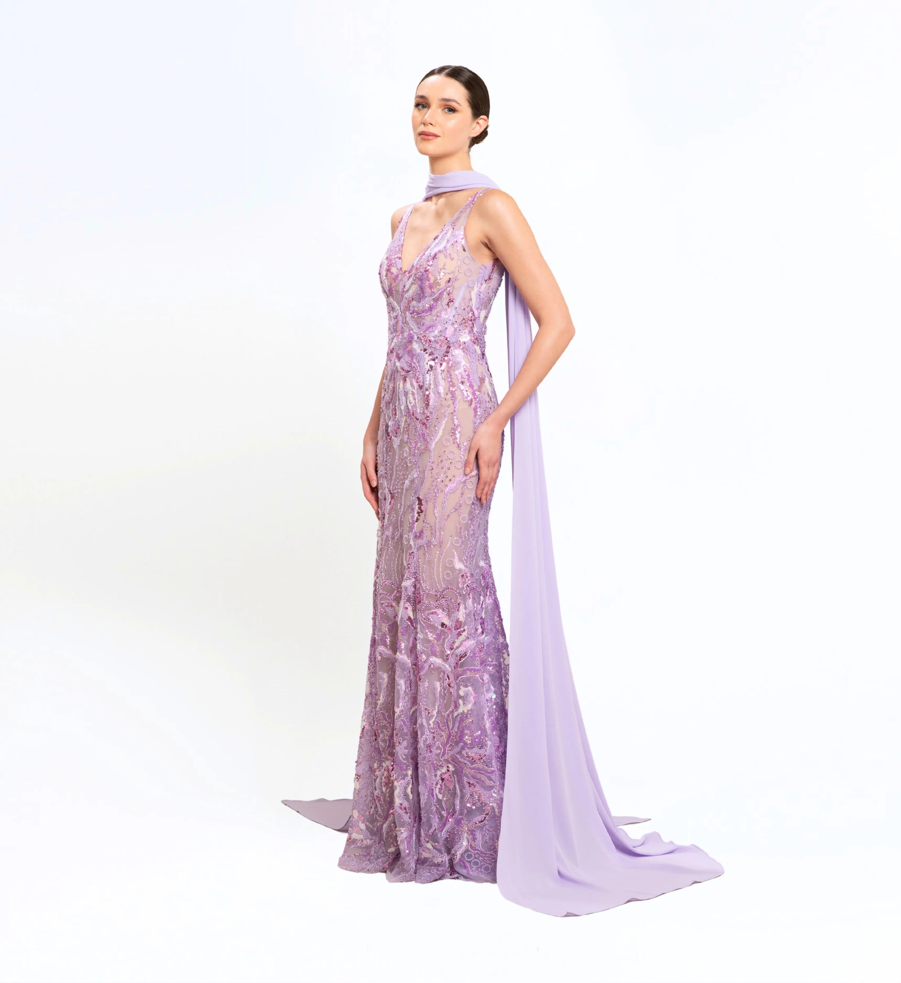 BEAD EMBROIDERED LONG DRESS WITH SCARF
