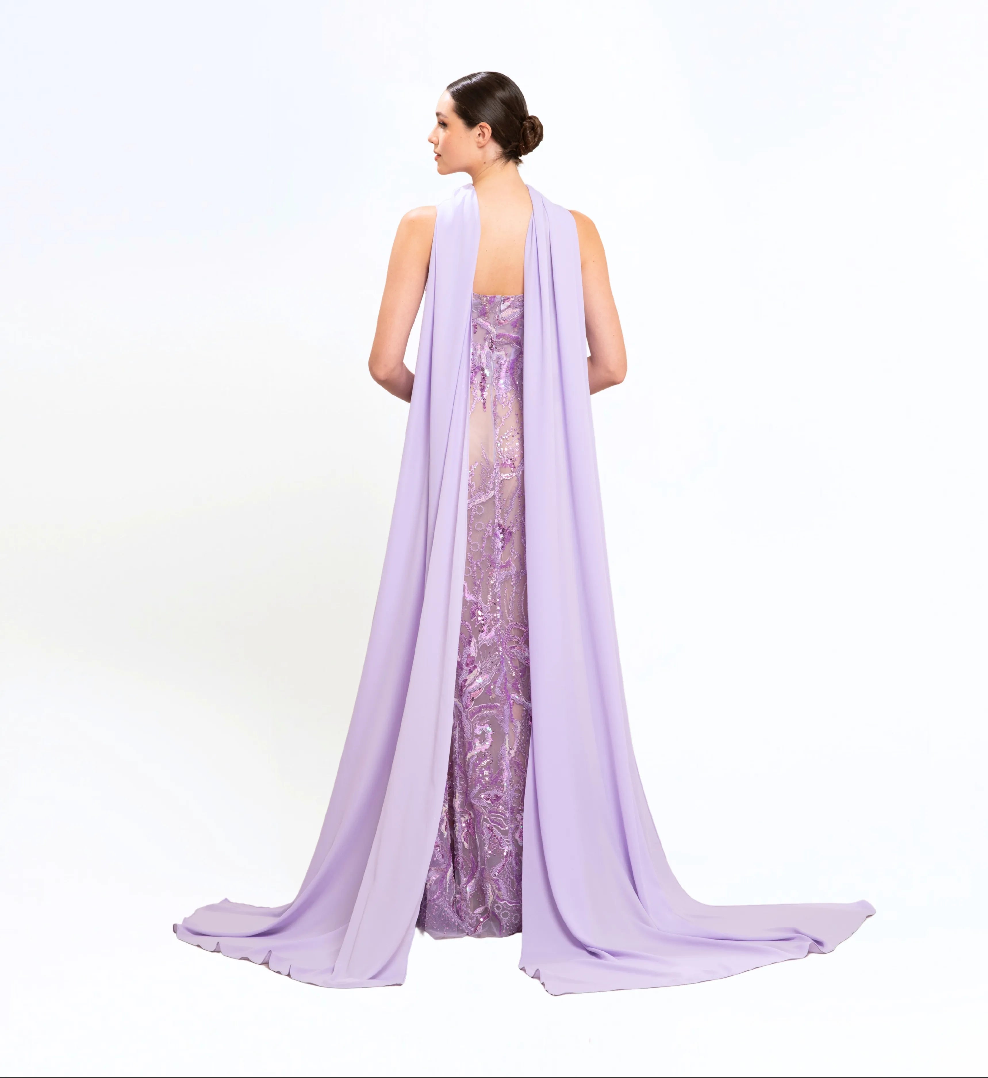 BEAD EMBROIDERED LONG DRESS WITH SCARF