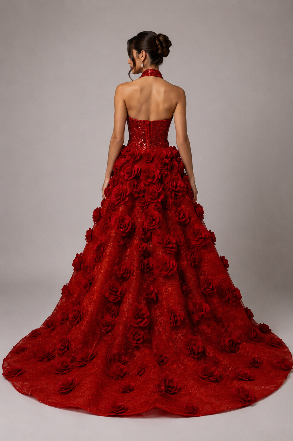 CRIMSON EMBELLISHED HALTER GOWN WITH FLORAL OVERSKIRT