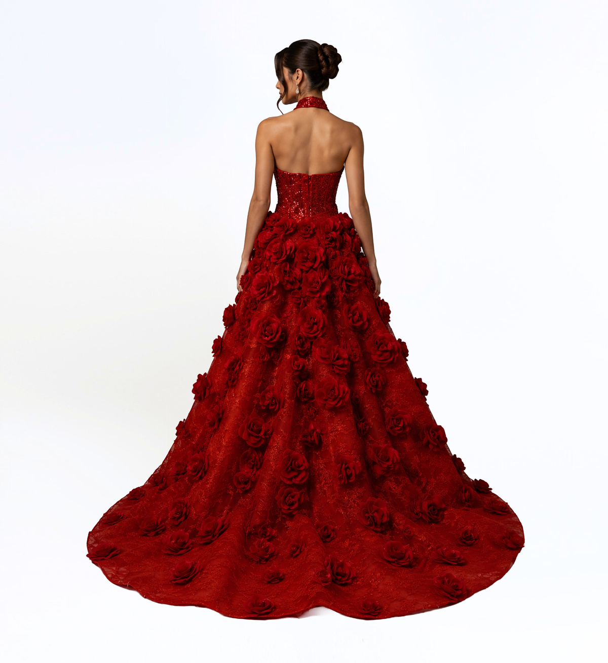 CRIMSON EMBELLISHED HALTER GOWN WITH FLORAL OVERSKIRT