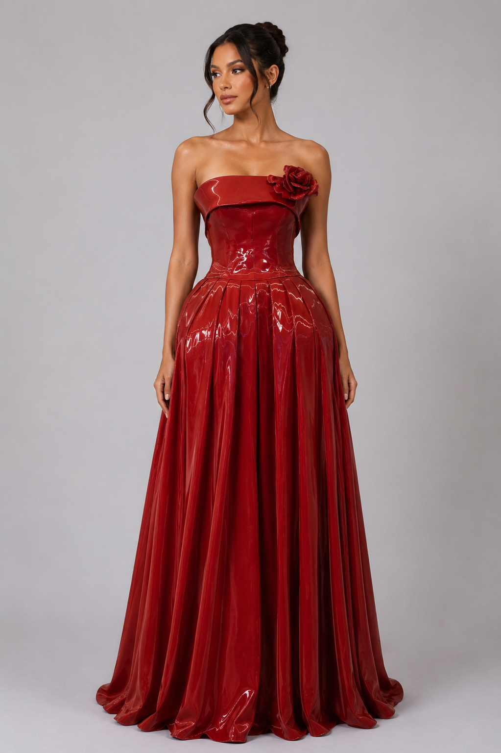 CRIMSON PATENT STRAPLESS BALL GOWN