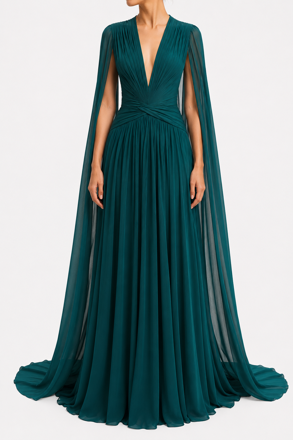 Silk Chiffon Long Dress With Cape