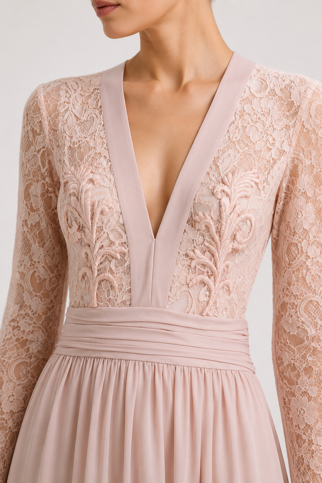 Crepe Dantelle Long Dress