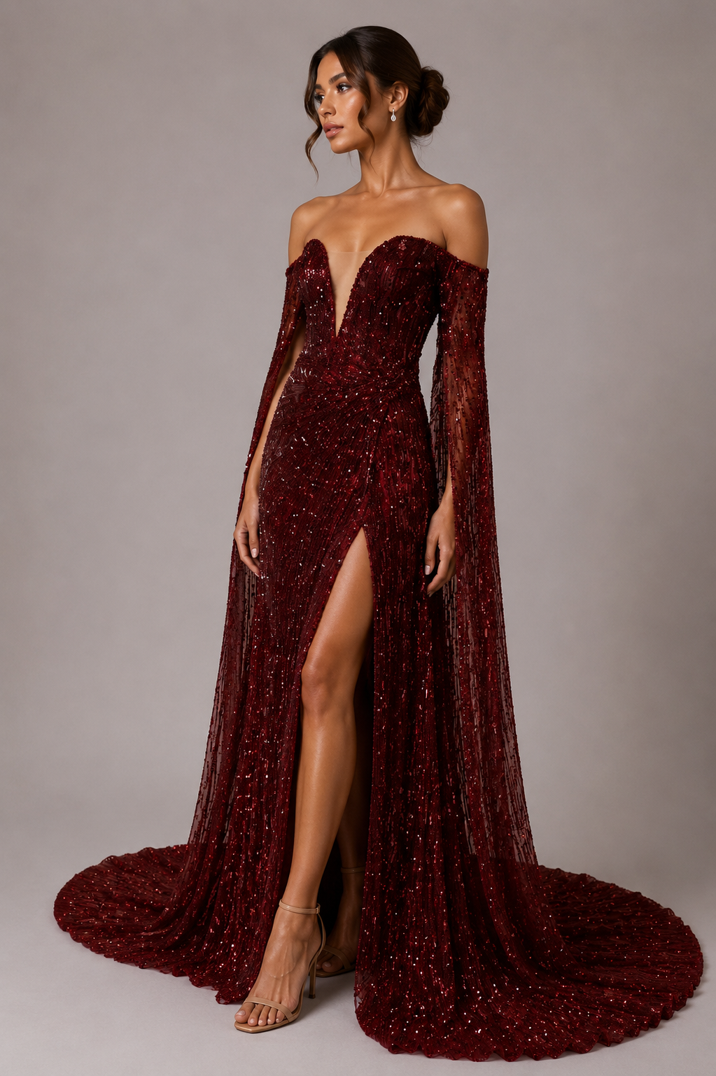 EMBELLISHED HALTER CAPE GOWN