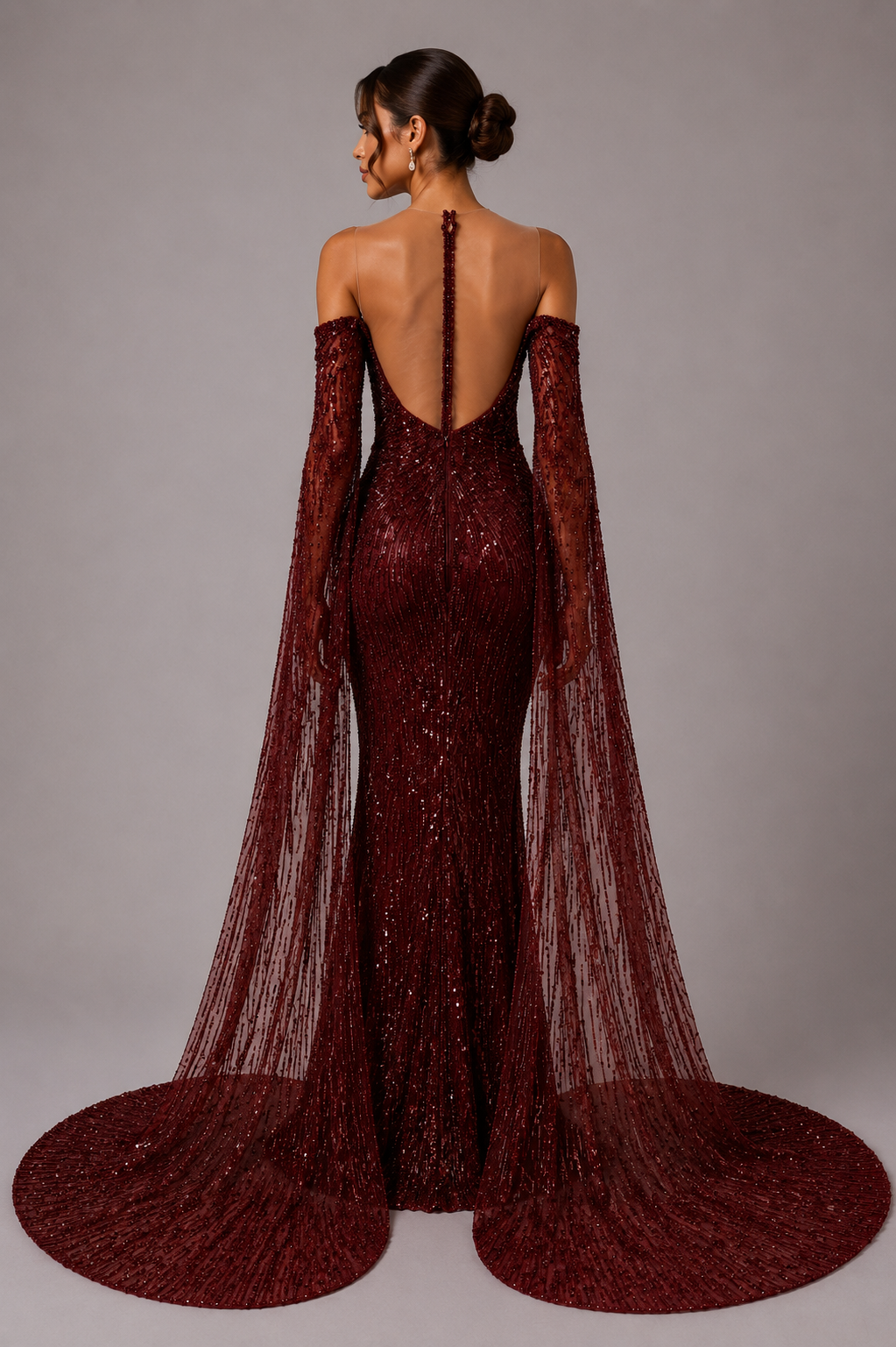 EMBELLISHED HALTER CAPE GOWN