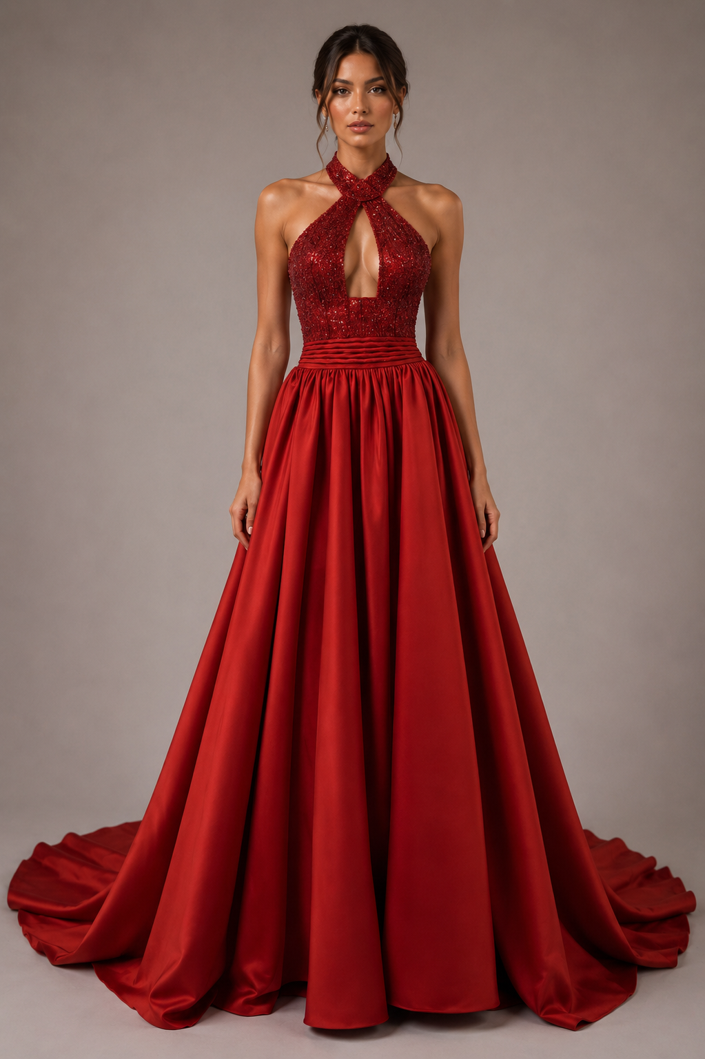 CRIMSON HALTER BALL GOWN