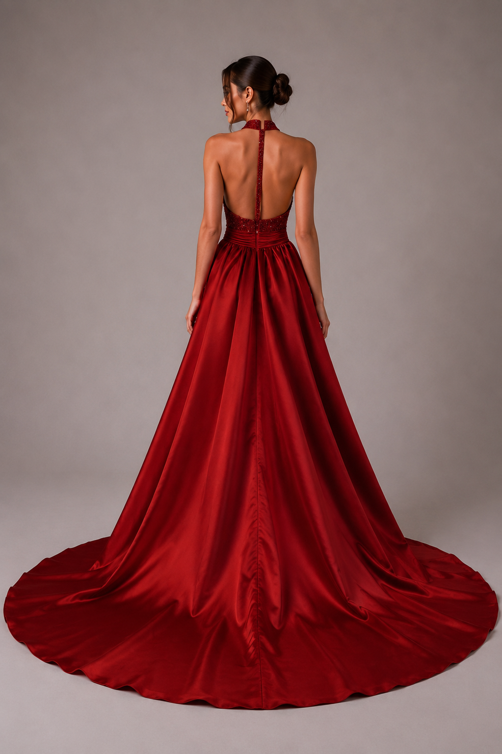 CRIMSON HALTER BALL GOWN