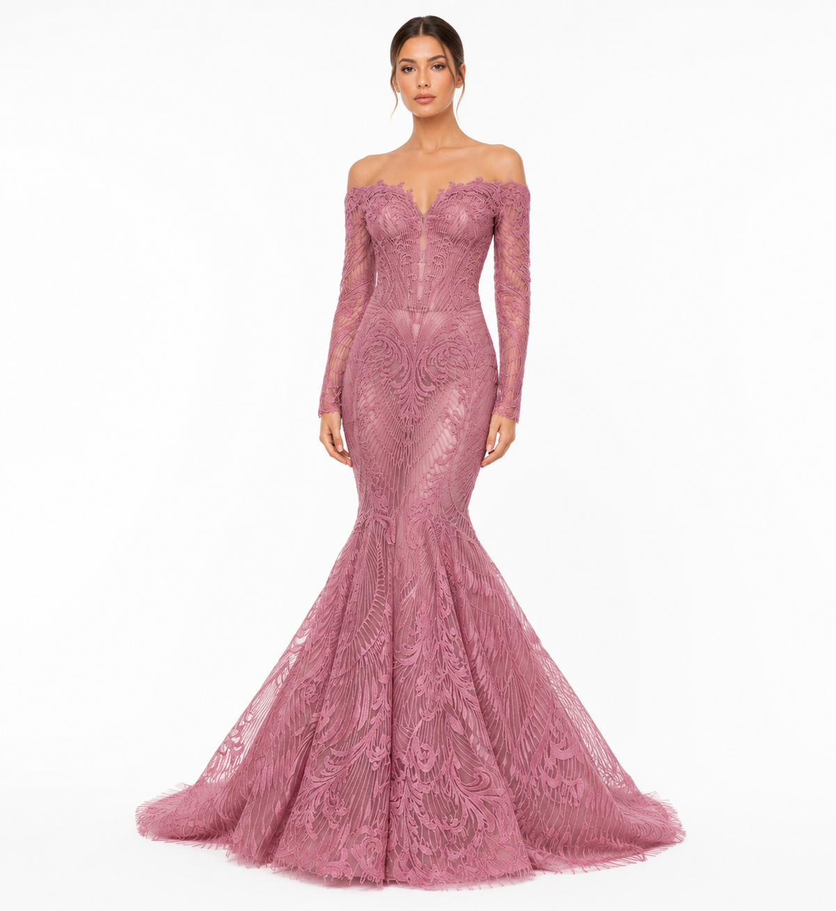 OFF-SHOULDER THREAD EMBROIDERED GOWN